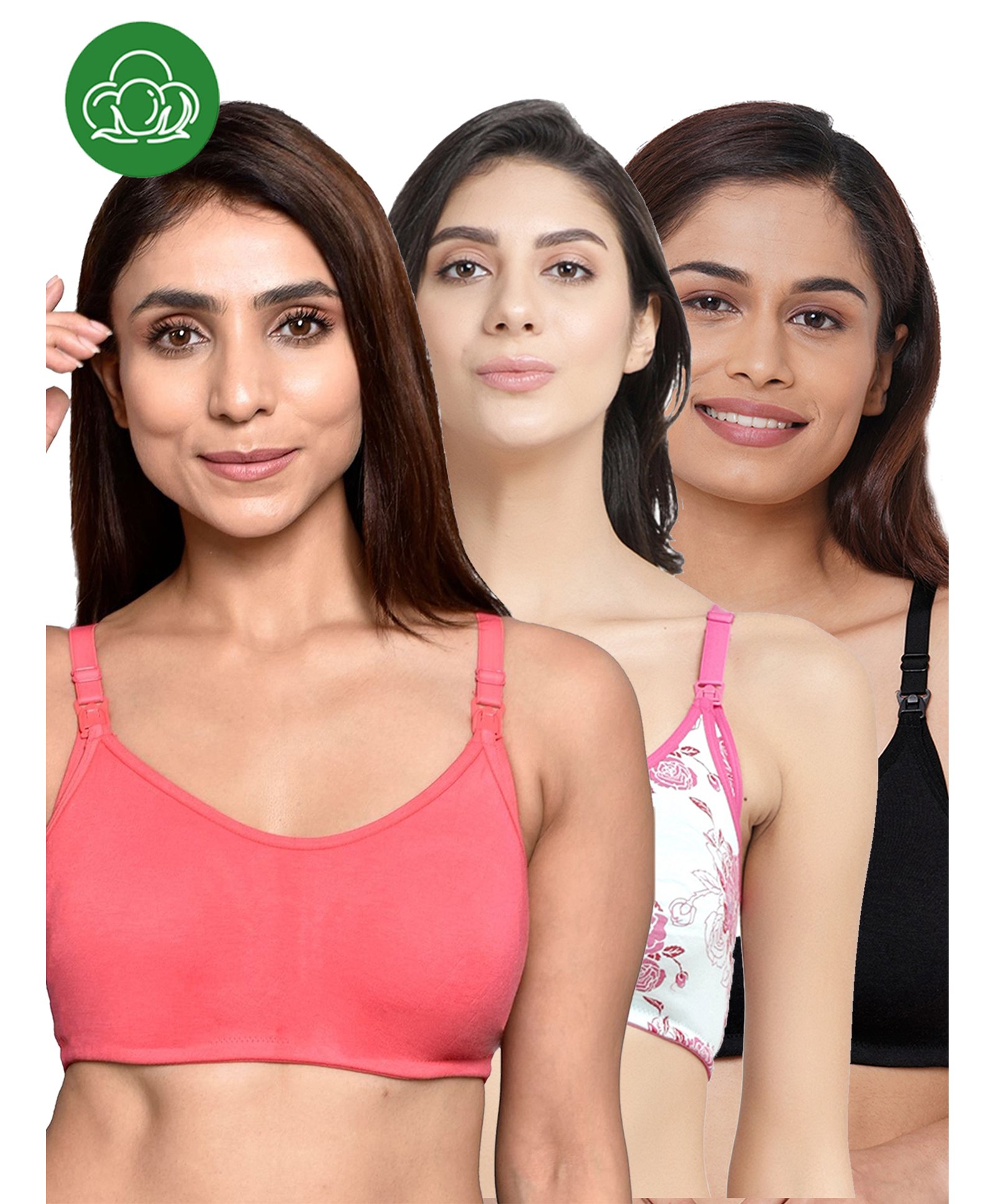 Inner Sense Organic Cotton Knit Pack Of 3 Solid & Floral Printed Antimicrobial Maternity Bras With Nursing Access - Multi Colour-image-49