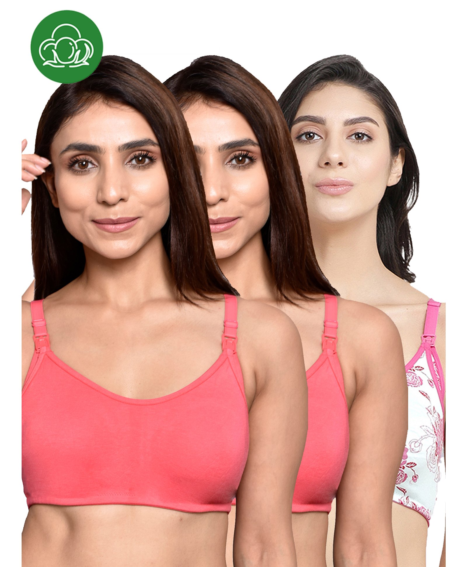 Inner Sense Organic Cotton Knit Pack Of 3 Solid & Floral Printed Antimicrobial Maternity Bras With Nursing Access - Multi Colour-picture-20