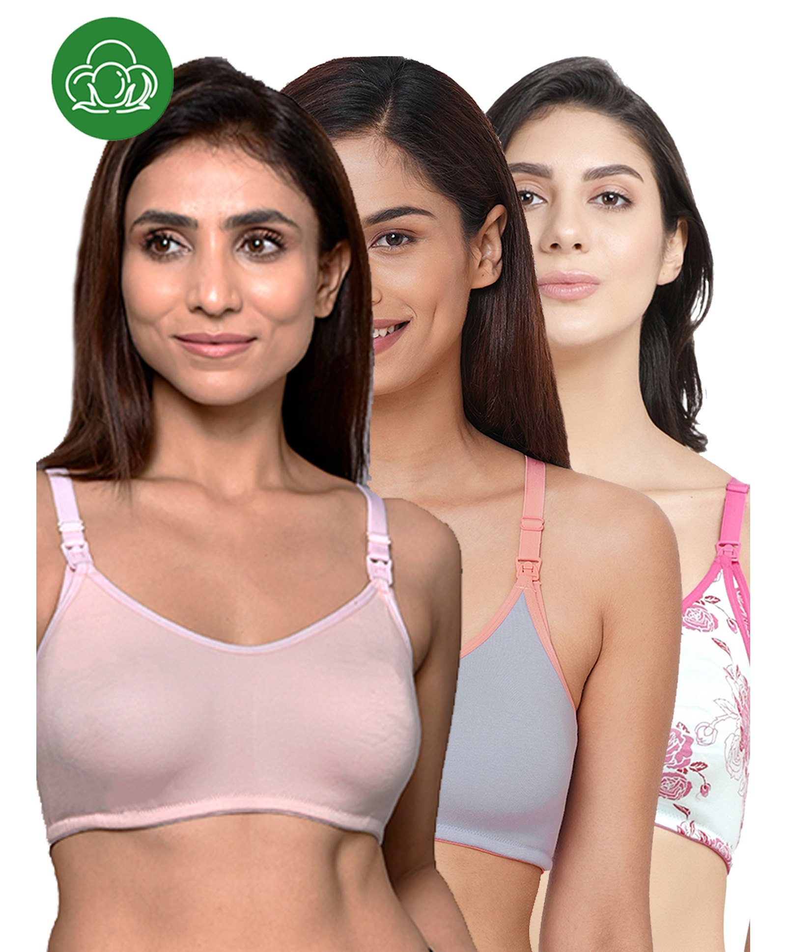 Inner Sense Organic Cotton Knit Pack Of 3 Solid & Floral Printed Antimicrobial Maternity Bras With Nursing Access - Multi Colour-image-41