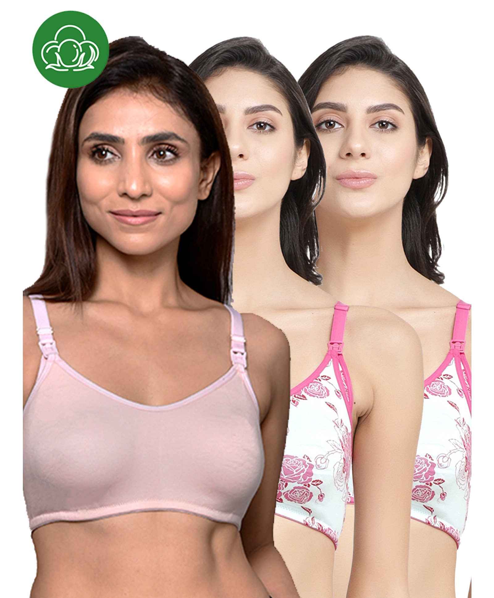 Inner Sense Organic Cotton Knit Pack Of 3 Solid & Floral Printed Antimicrobial Maternity Bras With Nursing Access - Multi Colour-picture-4