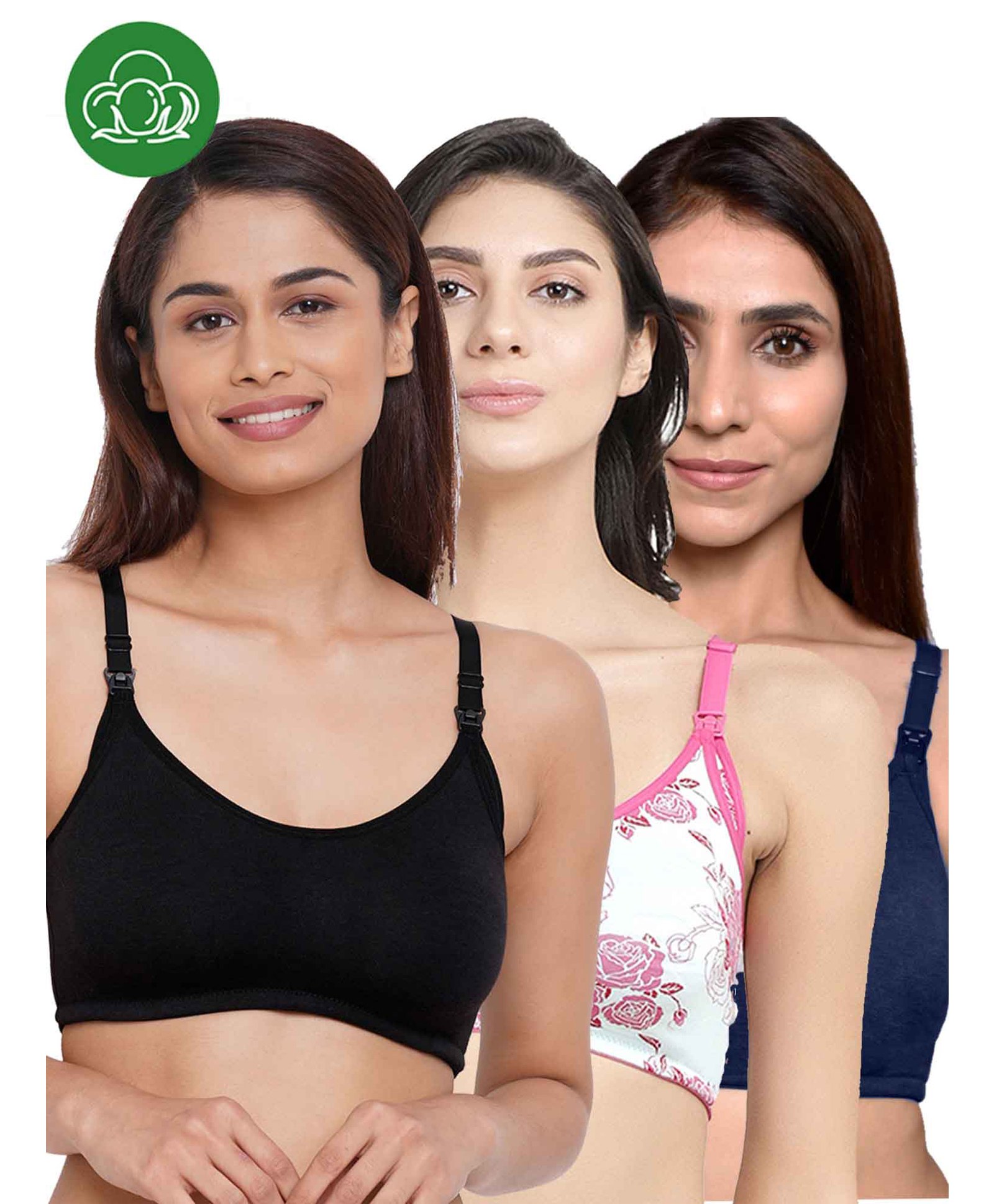 Inner Sense Organic Cotton Knit Pack of 3 Solid & Floral Printed Antimicrobial Maternity Bras With Nursing Access - Multi Colour-image-45