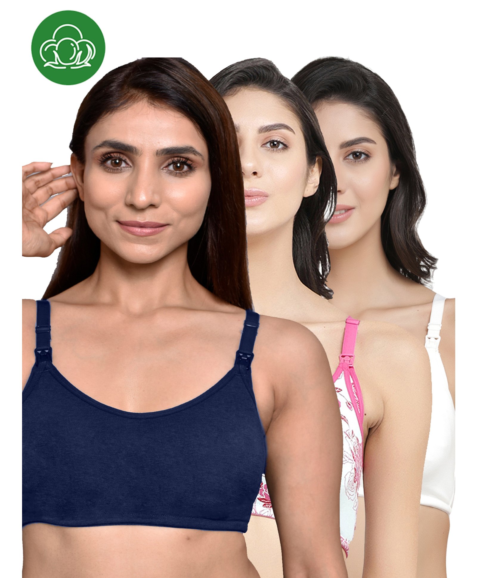 Inner Sense Organic Cotton Knit Pack of 3 Solid & Floral Printed Antimicrobial Maternity Bras With Nursing Access - Multi Colour-image-48