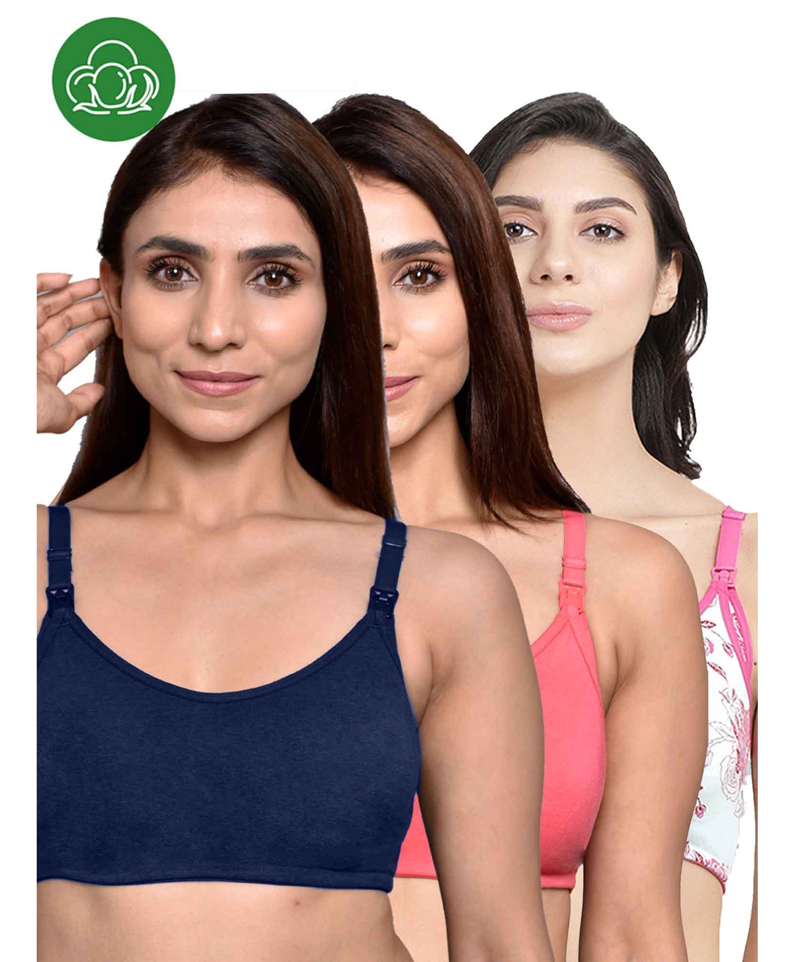 Inner Sense Organic Cotton Knit Pack of 3 Solid & Floral Printed Antimicrobial Maternity Bras With Nursing Access - Multi Colour-image-46
