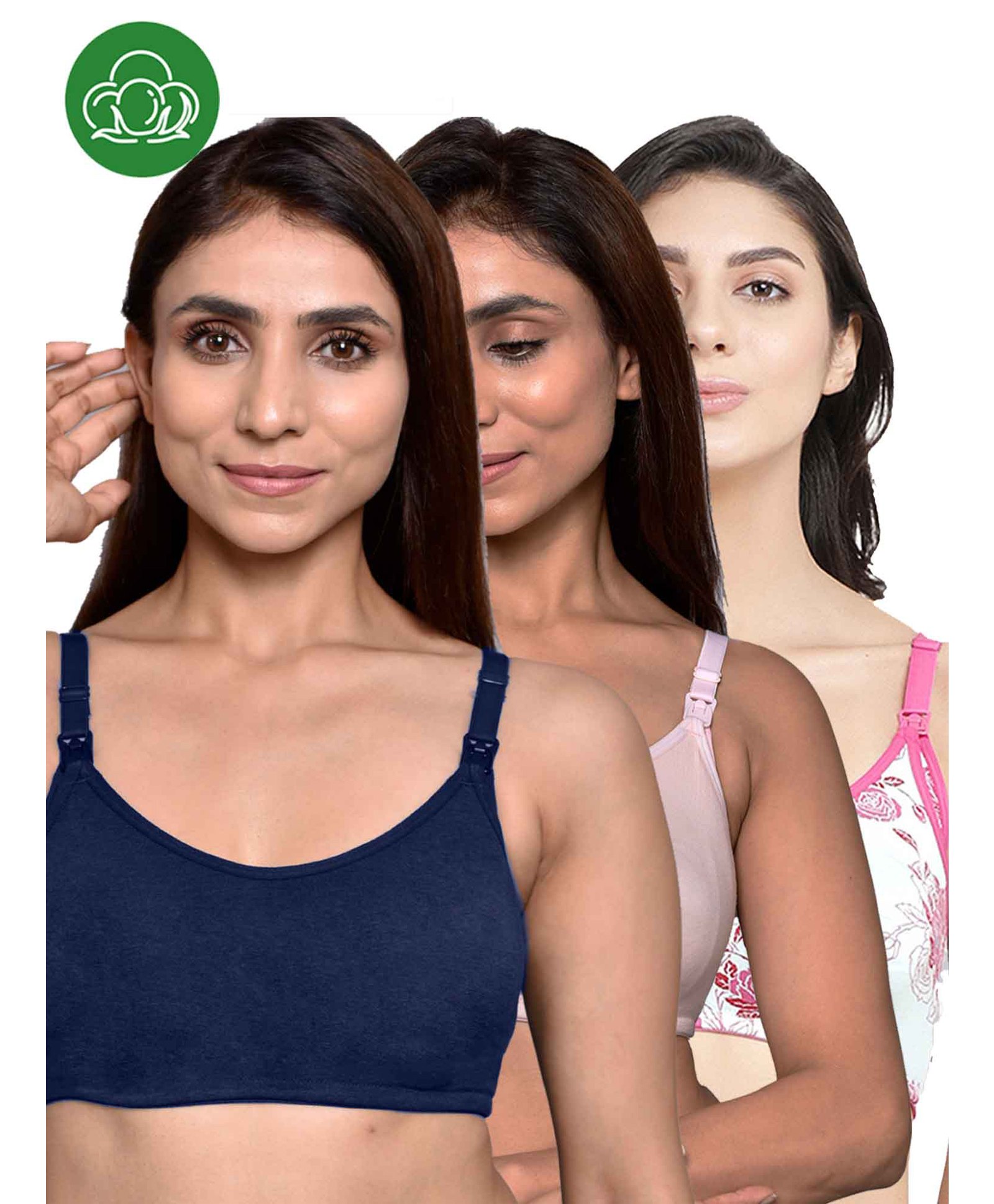 Inner Sense Organic Cotton Knit Pack of 3 Solid & Floral Printed Antimicrobial Maternity Bras With Nursing Access - Multi Colour-image-47