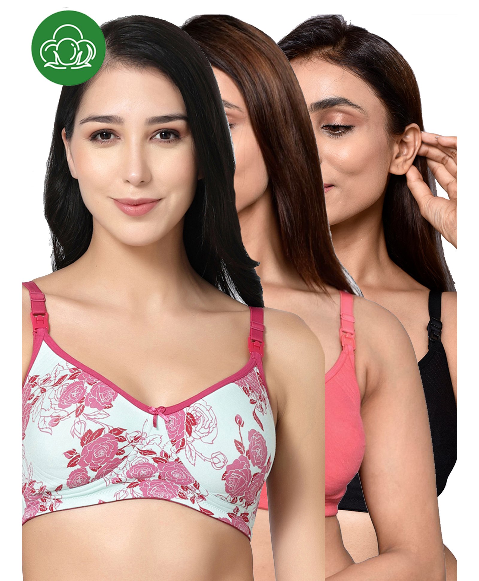 Inner Sense Organic Cotton Knit Pack of 3 Solid & Floral Printed Antimicrobial Maternity Bras With Nursing Access - Multi Colour-image-6