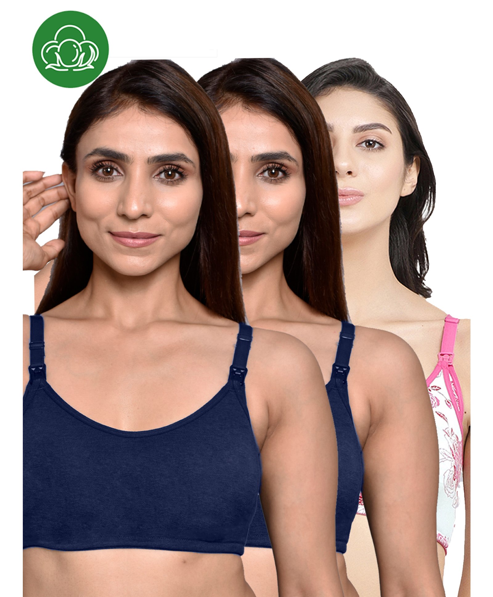 Inner Sense Organic Cotton Knit Pack of 3 Solid & Floral Printed Antimicrobial Maternity Bras With Nursing Access - Multi Colour-picture-24