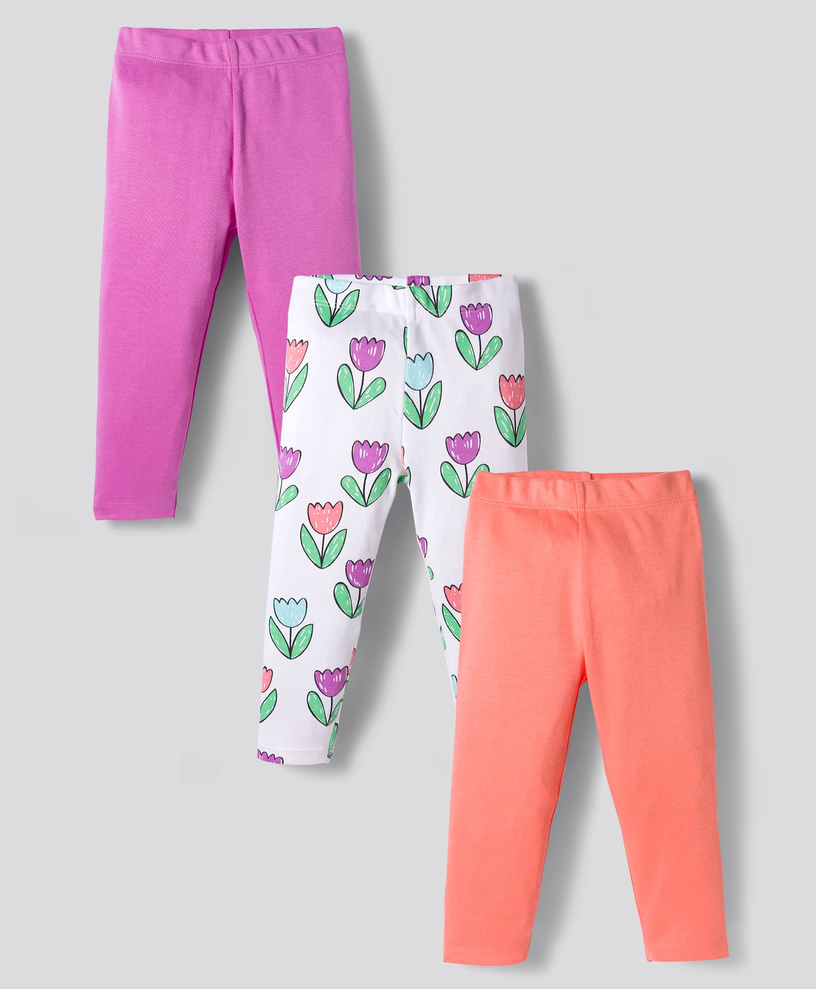 Bonfino 100% Cotton Knit Full Length Leggings with Floral Print Pack of 3 - White Pink & Peach-image-39