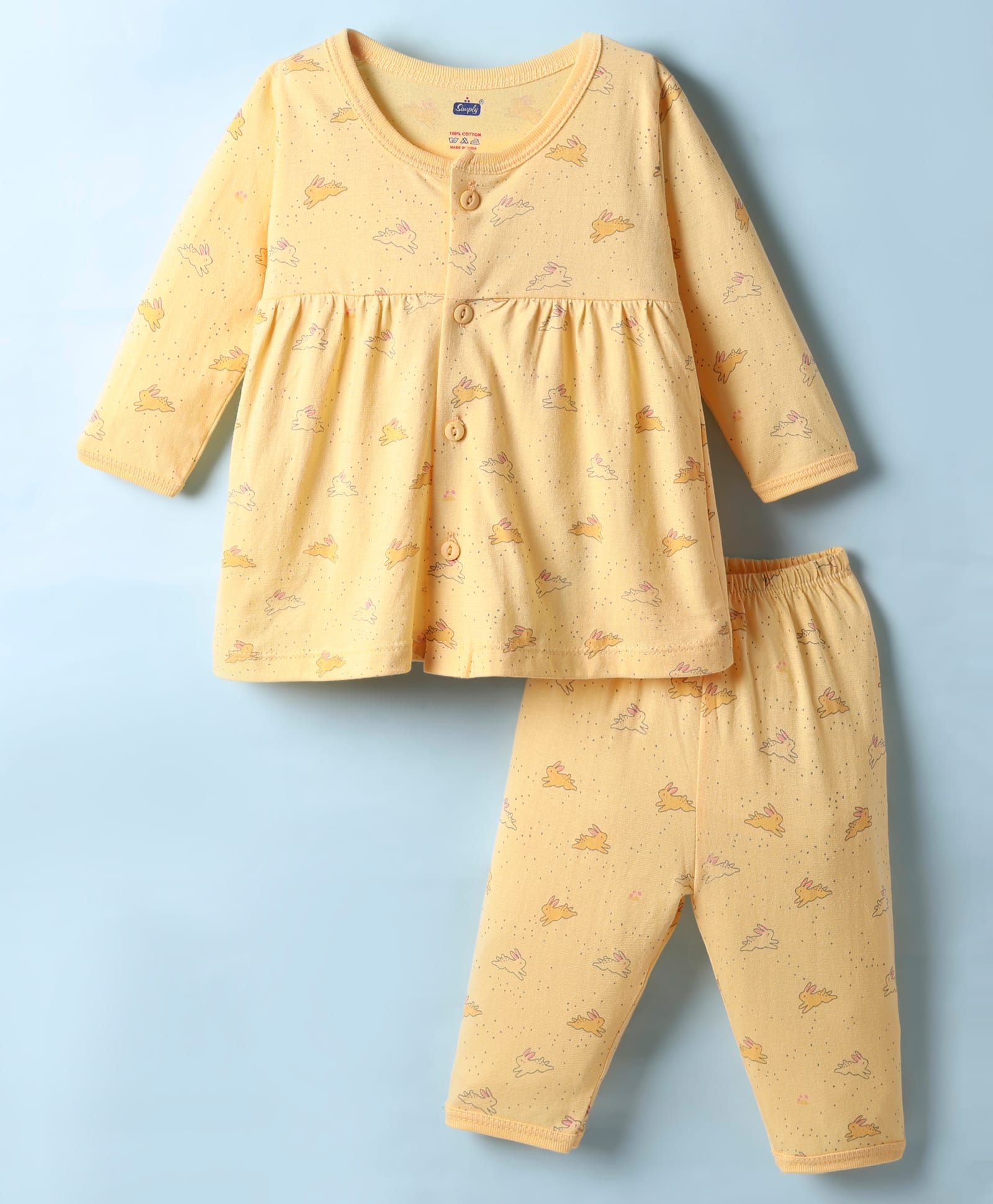 Simply Sinker Knit Full Sleeves Front Open Co-ord Night Suit with Rabbit Print - Yellow-image-23