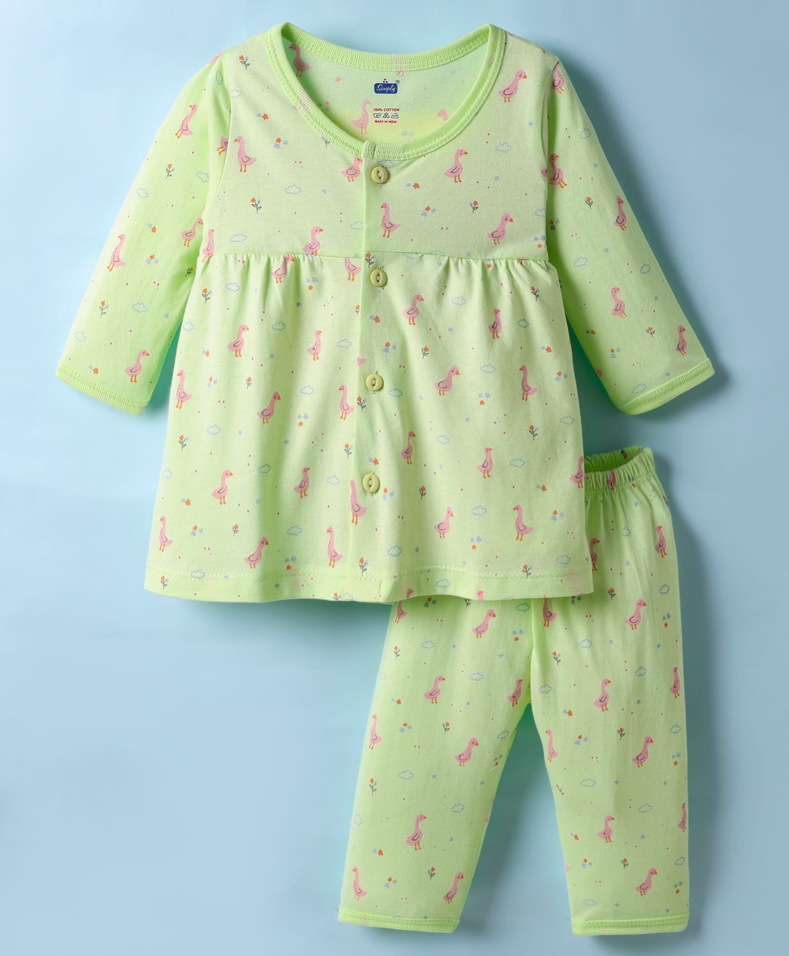 Simply Sinker Knit Full Sleeves Co-ord Night Suit with Duck Print - Light Green-image-27