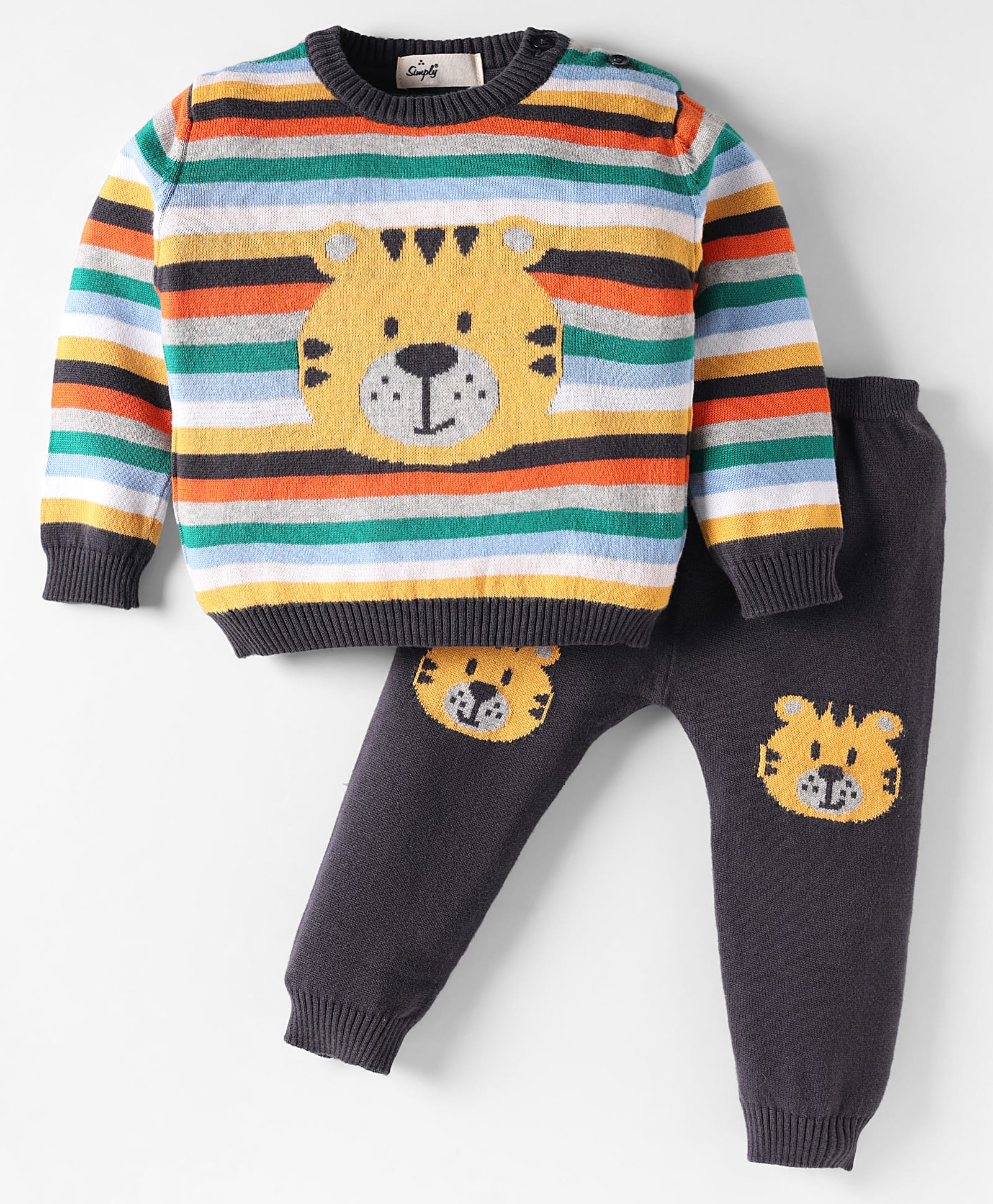 Simply Knitted Full Sleeves Pullover Striped Sweater Set With Tiger Design - Charcoal Grey-image-19