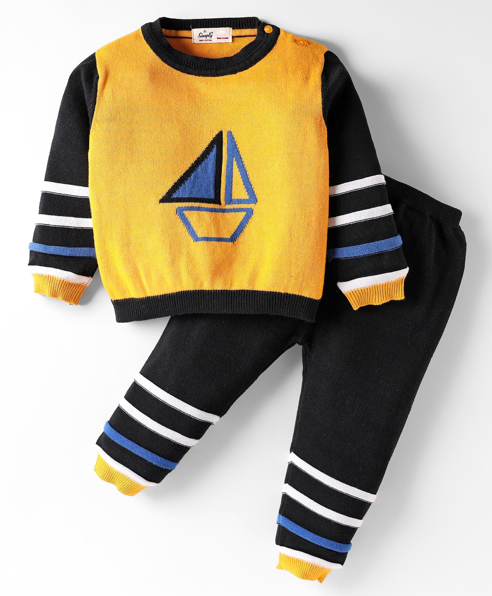 Simply Knitted Full Sleeves Pullover Sweater Set With Boat Design - Mustard & Black-picture-15