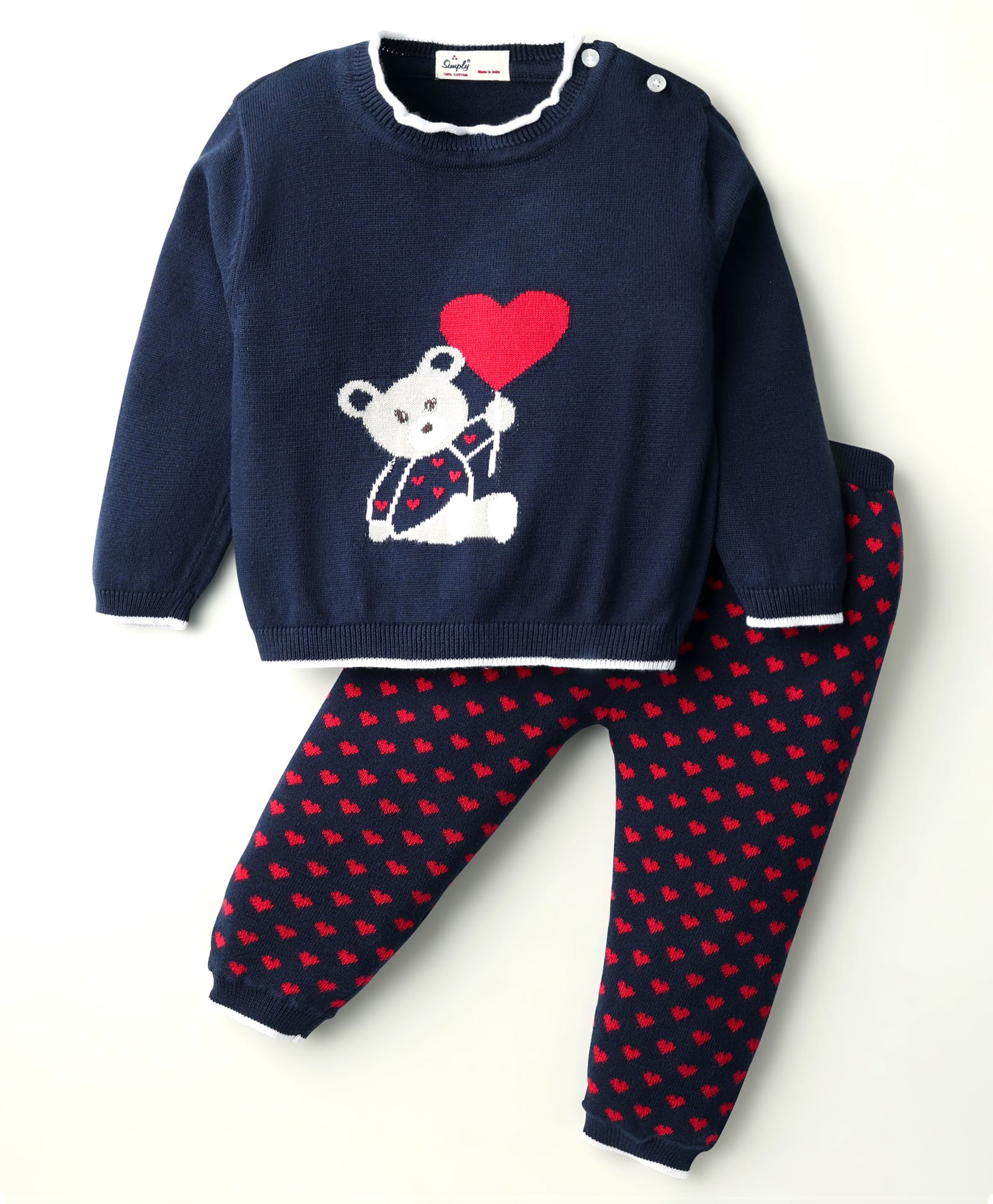 Simply Knit Full Sleeves Sweater Set With Bear & Hearts Design - Navy Blue-picture-25