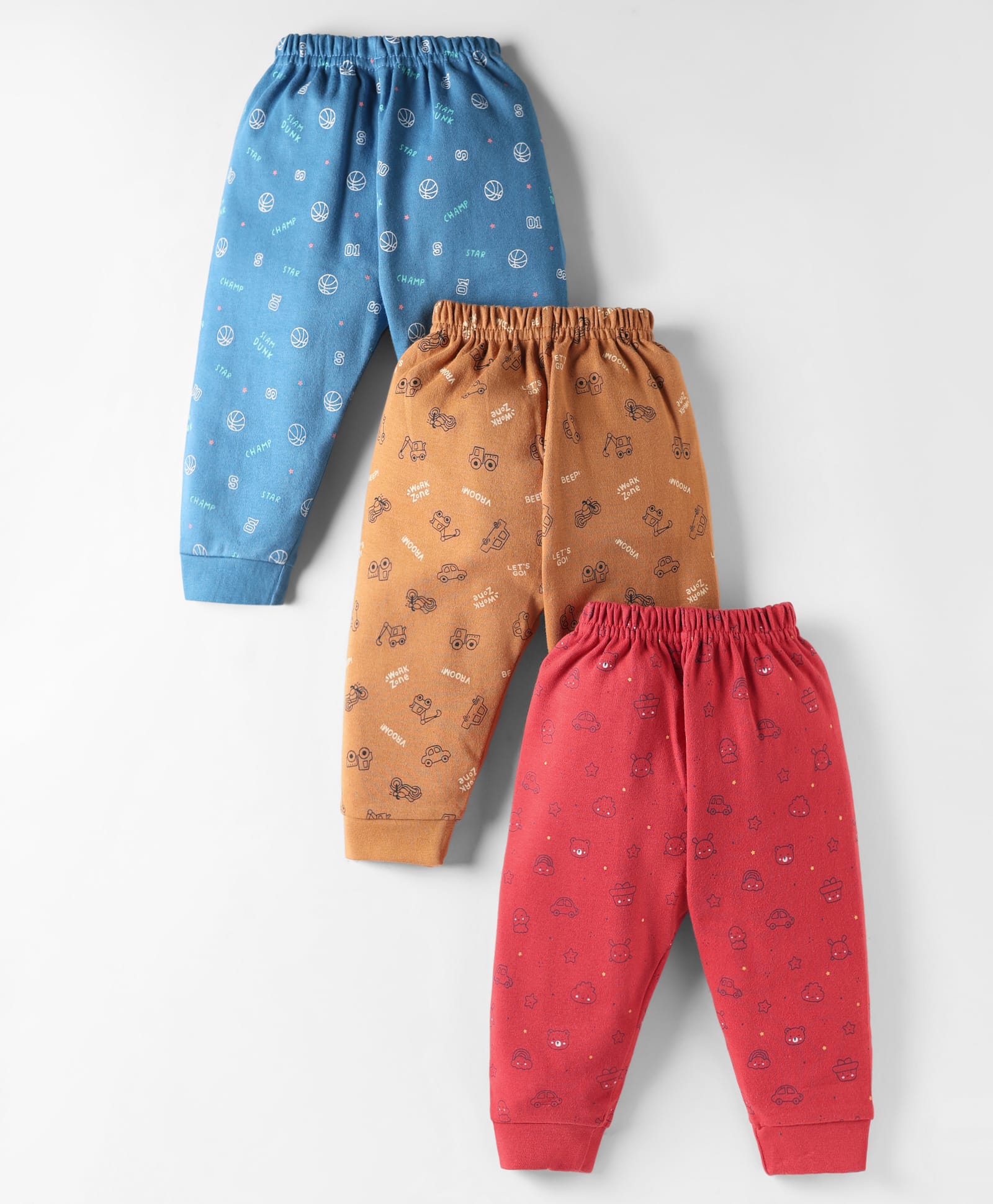 Simply Interlock Knit Full Length Lounge Pants With Vehicles & Sports Theme Print Pack Of 3 - Red Blue & Brown-image-42