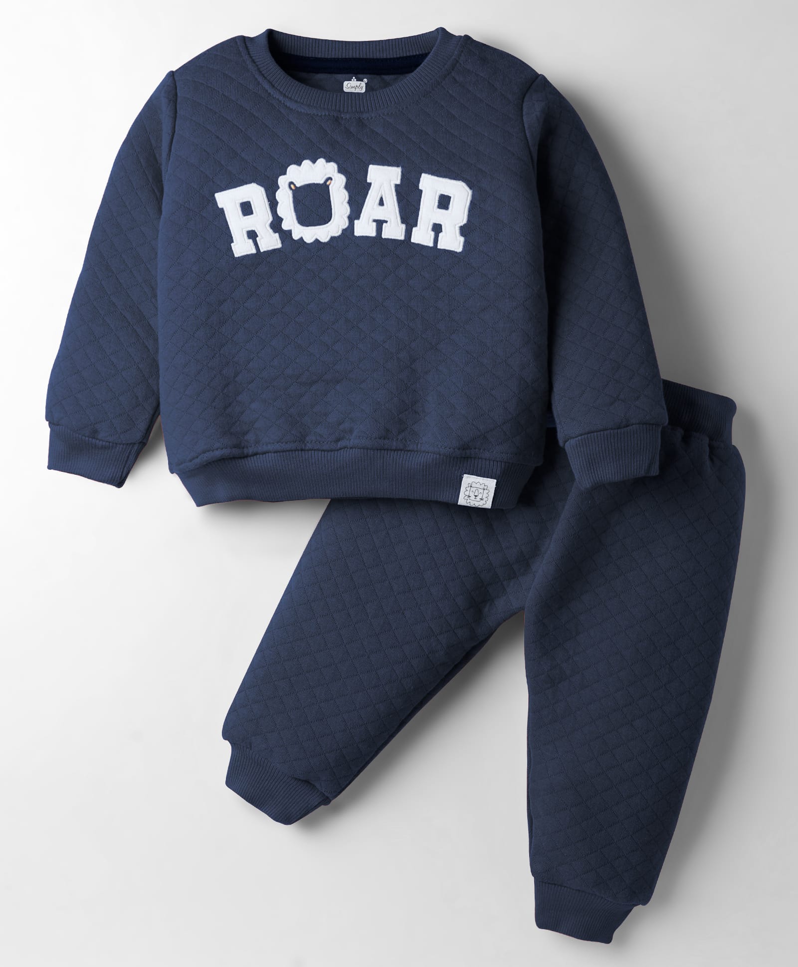 Simply Knit Full Sleeves Quilted Winter Wear Sweatshirt & Lounge Pant Set with Text Patch Detailing - Navy Blue-image-48