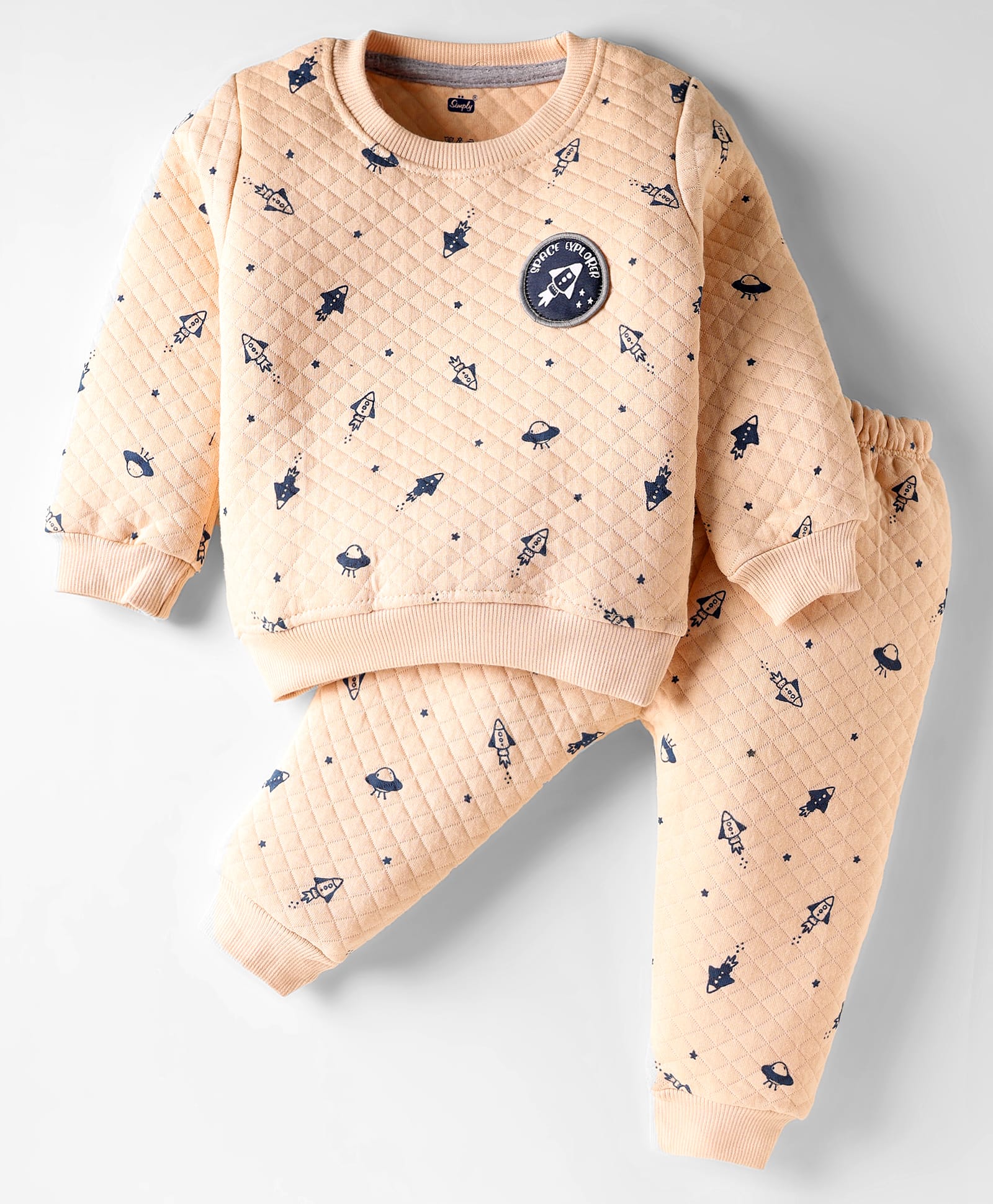 Simply Knit Full Sleeves Co-Ord Winter Night Suit with Space Theme Print - Peach