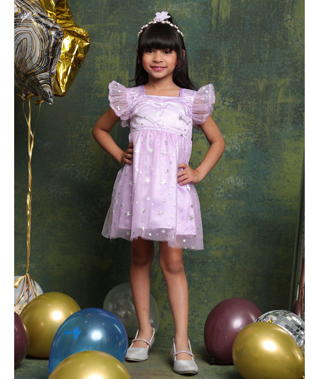 Saka Designs By Sapna Net Woven Flutter Sleeves Stars Glitter Printed Dress - Lavender-image-29