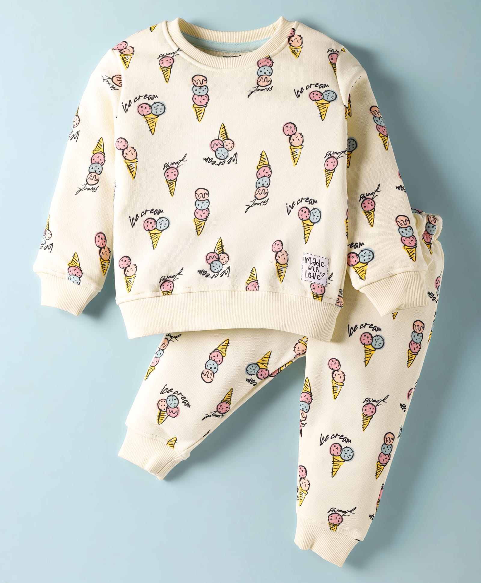 CUCUMBER Looper Knit Full Sleeves Co-ords Night Suit with Ice Cream Print - Cream-picture-49