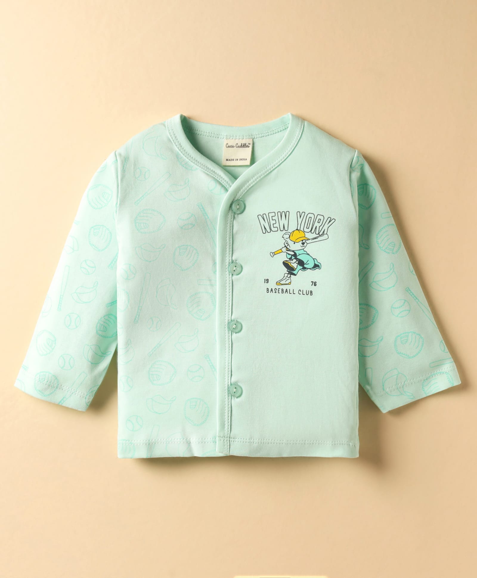 CUCUMBER Sinker Knit Full Sleeves Front Open Jabhala with Teddy Print - Light Green-image-37