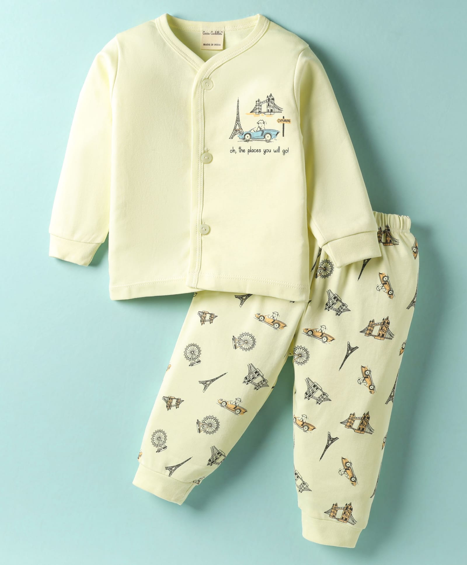 CUCUMBER Interlock Knit Full Sleeves Travel Theme Printed Front Open Night Suit - Lime Green