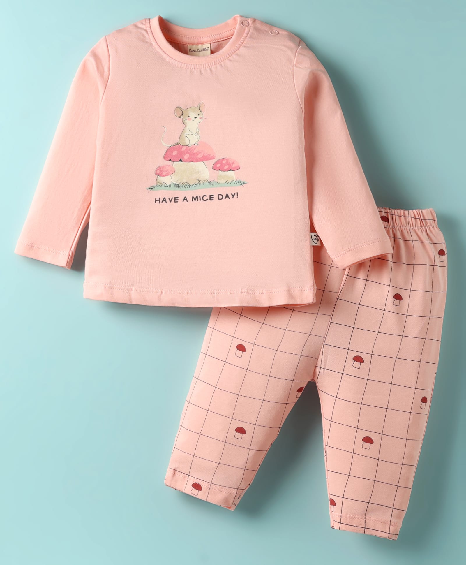 CUCUMBER Sinker Knit Full Sleeves Night Suit with Have a Mice Day Print - Baby Pink-image-19
