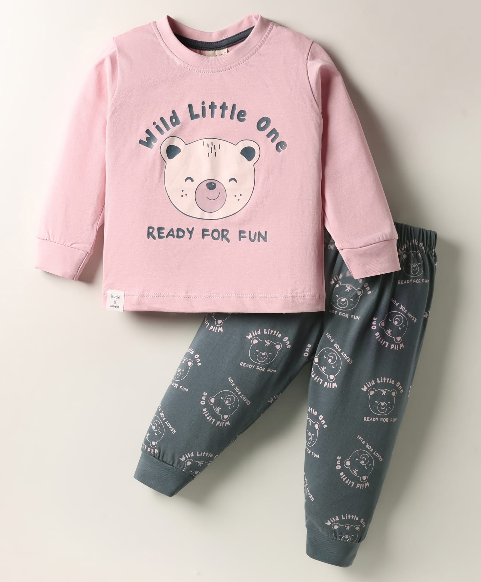 CUCUMBER Sinker Knit Full Sleeves Night Suit with Bear Print - Pink-picture-3