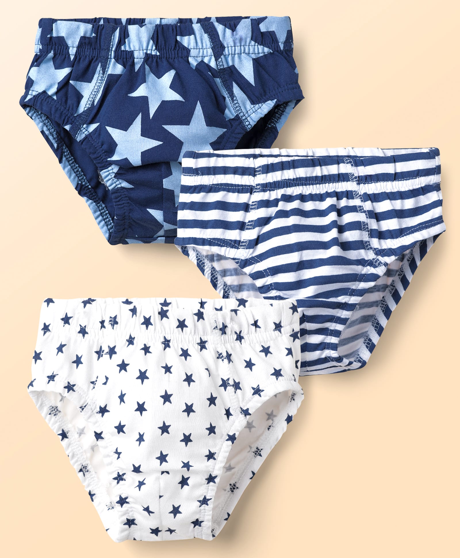 Kookie Kids Cotton Spandex Knit Briefs with Stripe & Star Print Pack of 3 - Blue & White
