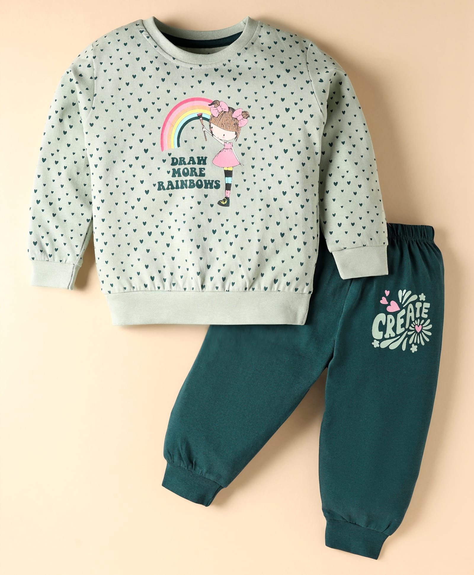 CUCUMBER Sinker Knit Full Sleeves T-Shirt & Lounge Pant Set with Heart & Rainbow Print - Green-picture-17