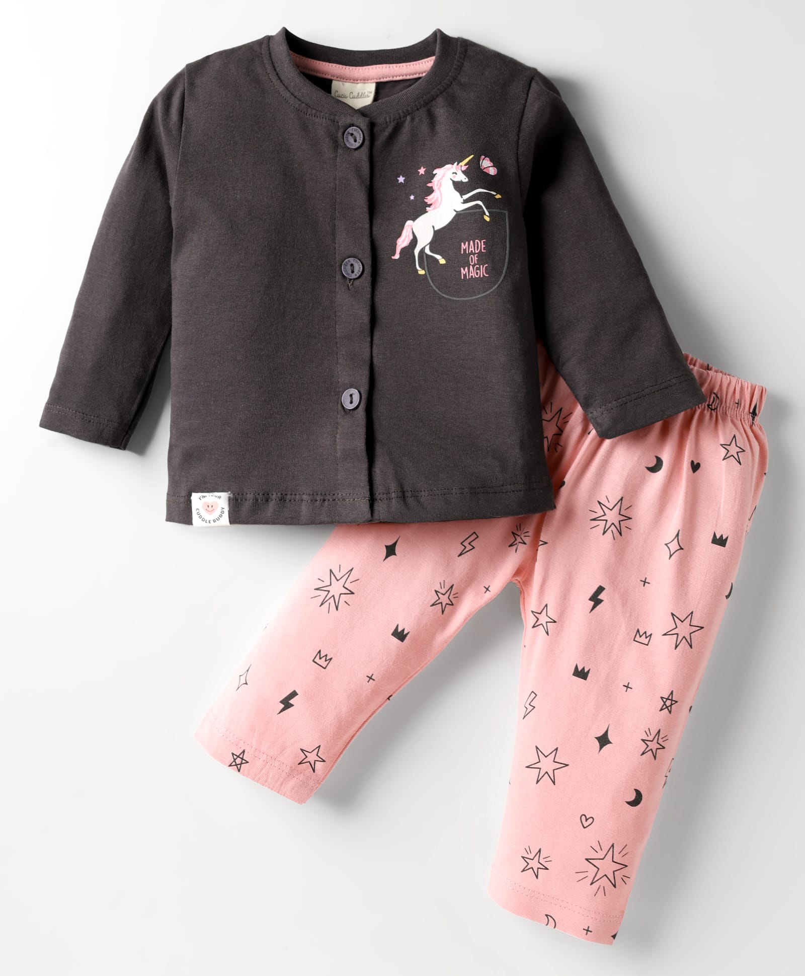 CUCUMBER Sinker Knit Full Sleeves Front Open Night Suit With Unicorn Print - Charcoal Grey-picture-18