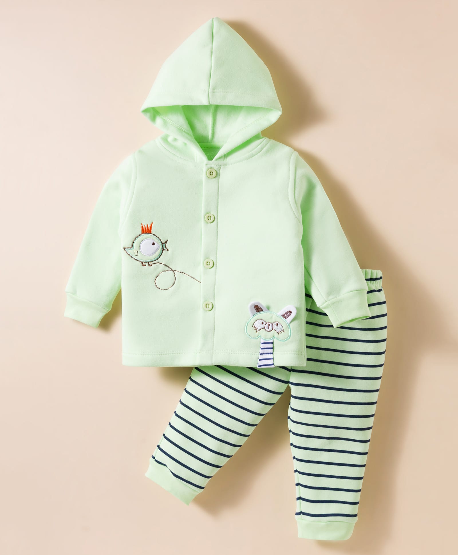 Child World Fleece Knit Full Sleeves Night Suit With Bird Embriodery - Green