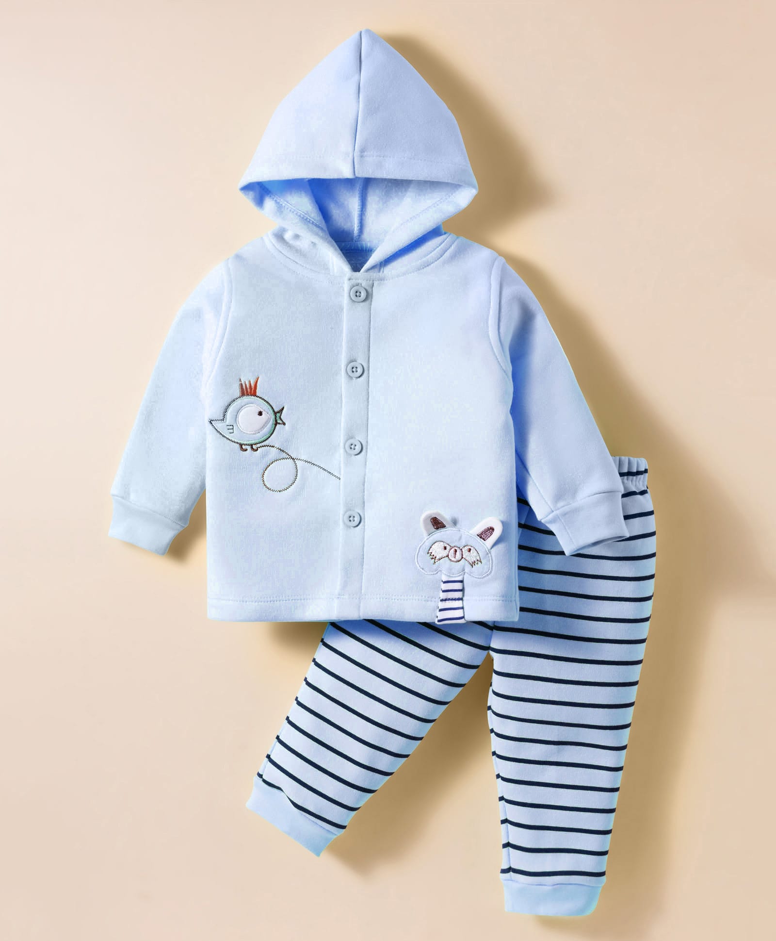 Child World Fleece Knit Full Sleeves Hooded Night Suit With Bird Embriodery - Blue-image-27