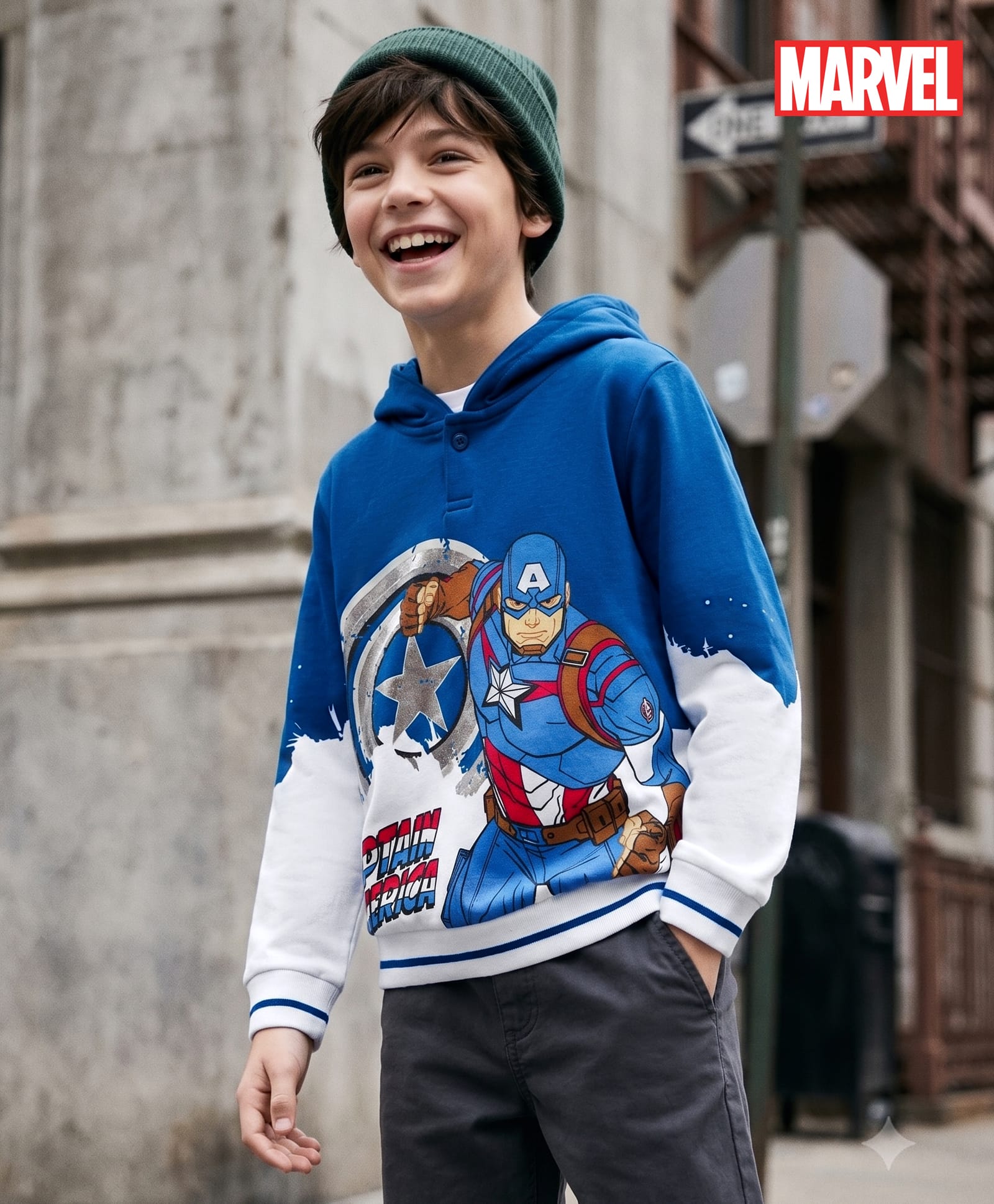 Pine Kids Marvel Fleece Knit Full Sleeves Hooded Sweatshirt With Captain America Graphics & Foil Print Detailing - Blue & White-image-31