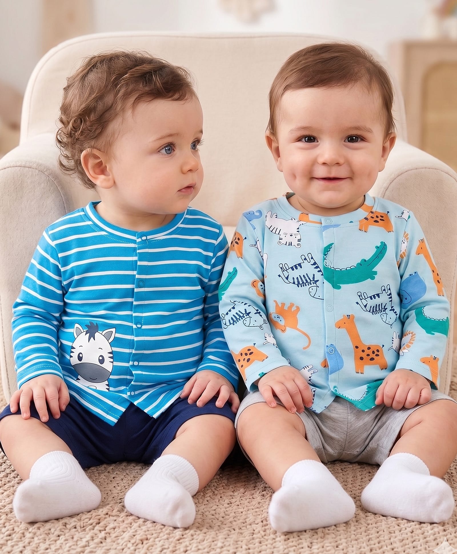 Babyoye 100% Cotton Interlock Knit Full Sleeves Jhablas With Eco Jiva Finish & Animal Print Pack Of 2 - Light Blue-picture-0