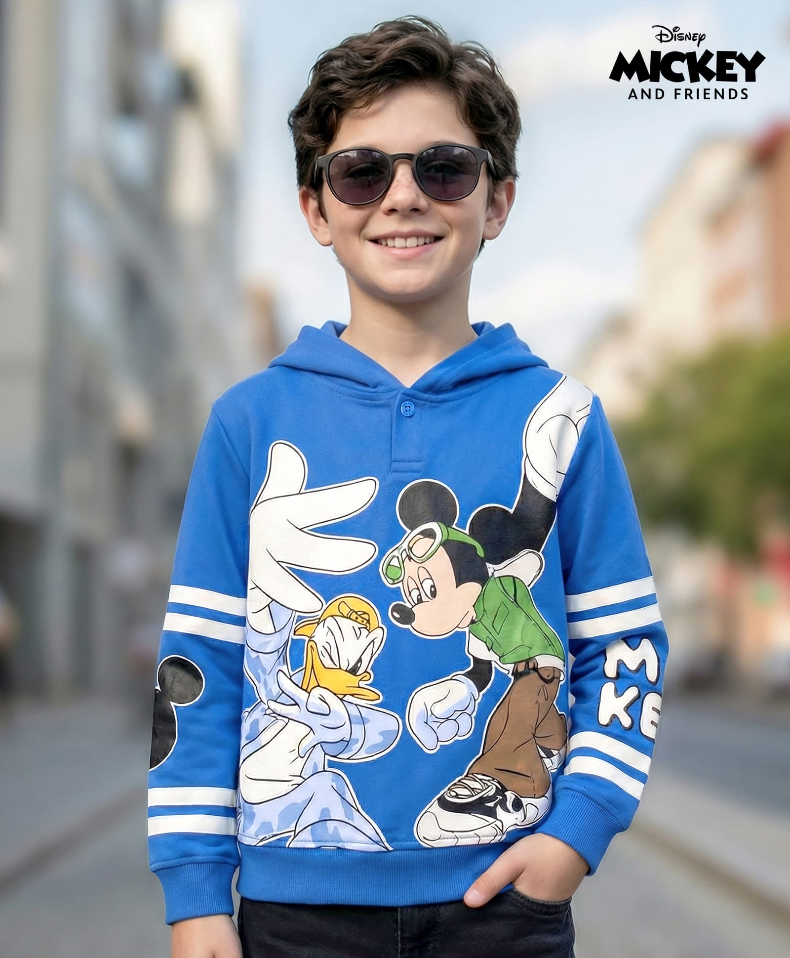 Pine Kids Disney Terry Knit Drop Shoulder Full Sleeves Oversized Hooded Sweatshirt With Mickey & Friends Graphics - Blue-picture-24