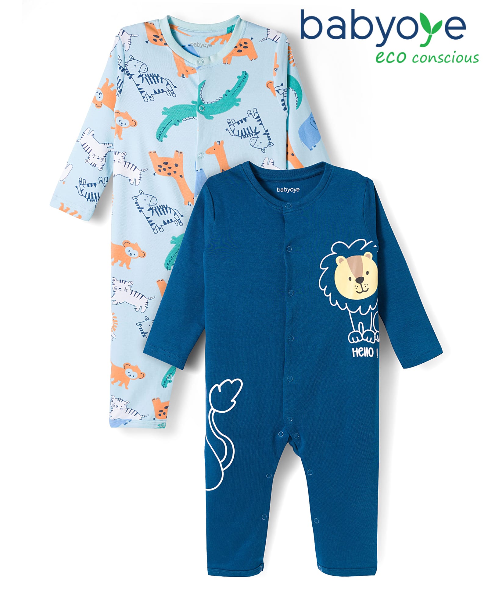 Babyoye 100% Cotton With Eco Jiva Finish Full Sleeves Rompers With Animal Print Pack of 2 - Light & Medium Blue-picture-25