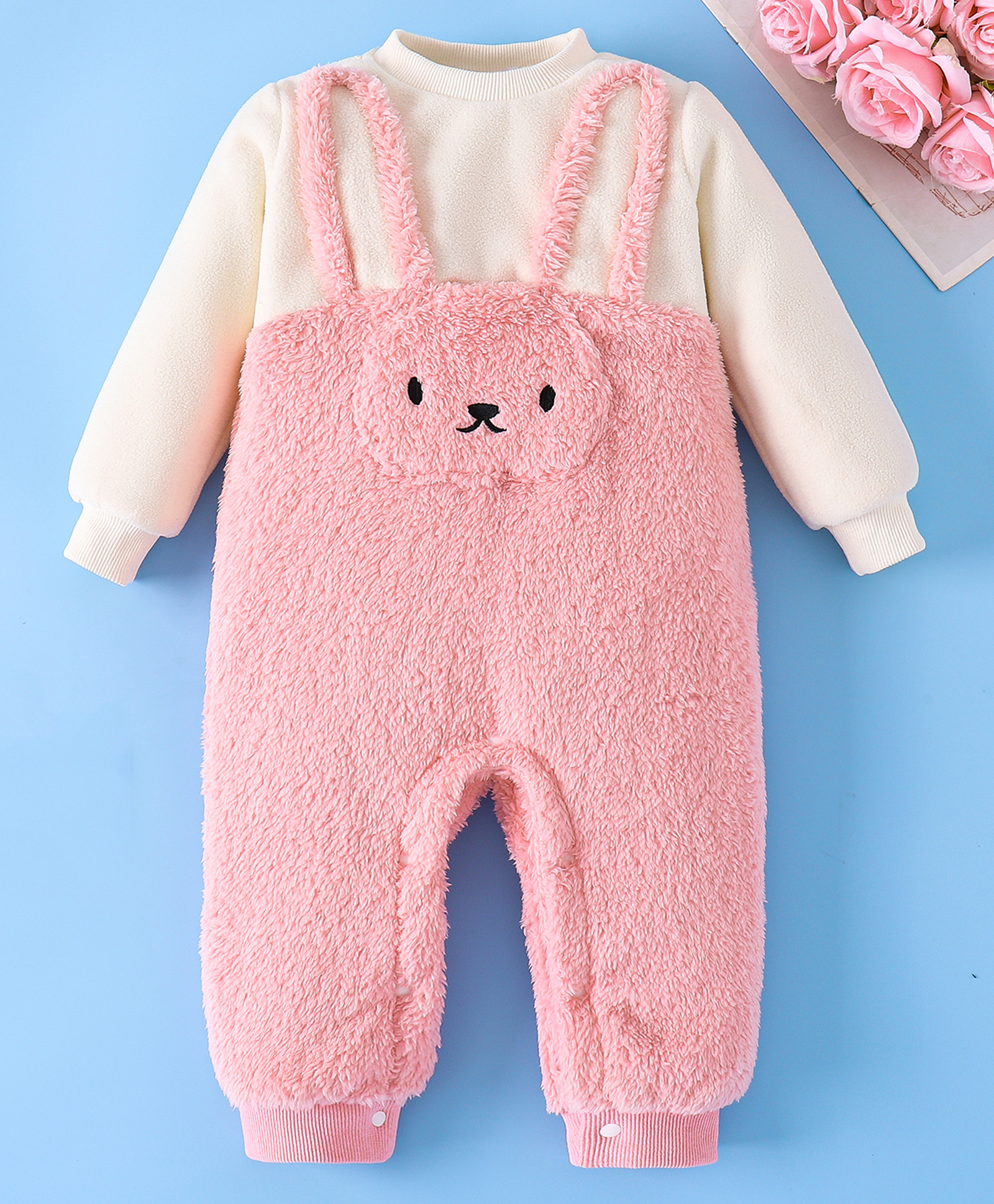 Mark & Mia Full Sleeves Winter Wear Romper With Bunny Embroidery - Pink & White-image-34
