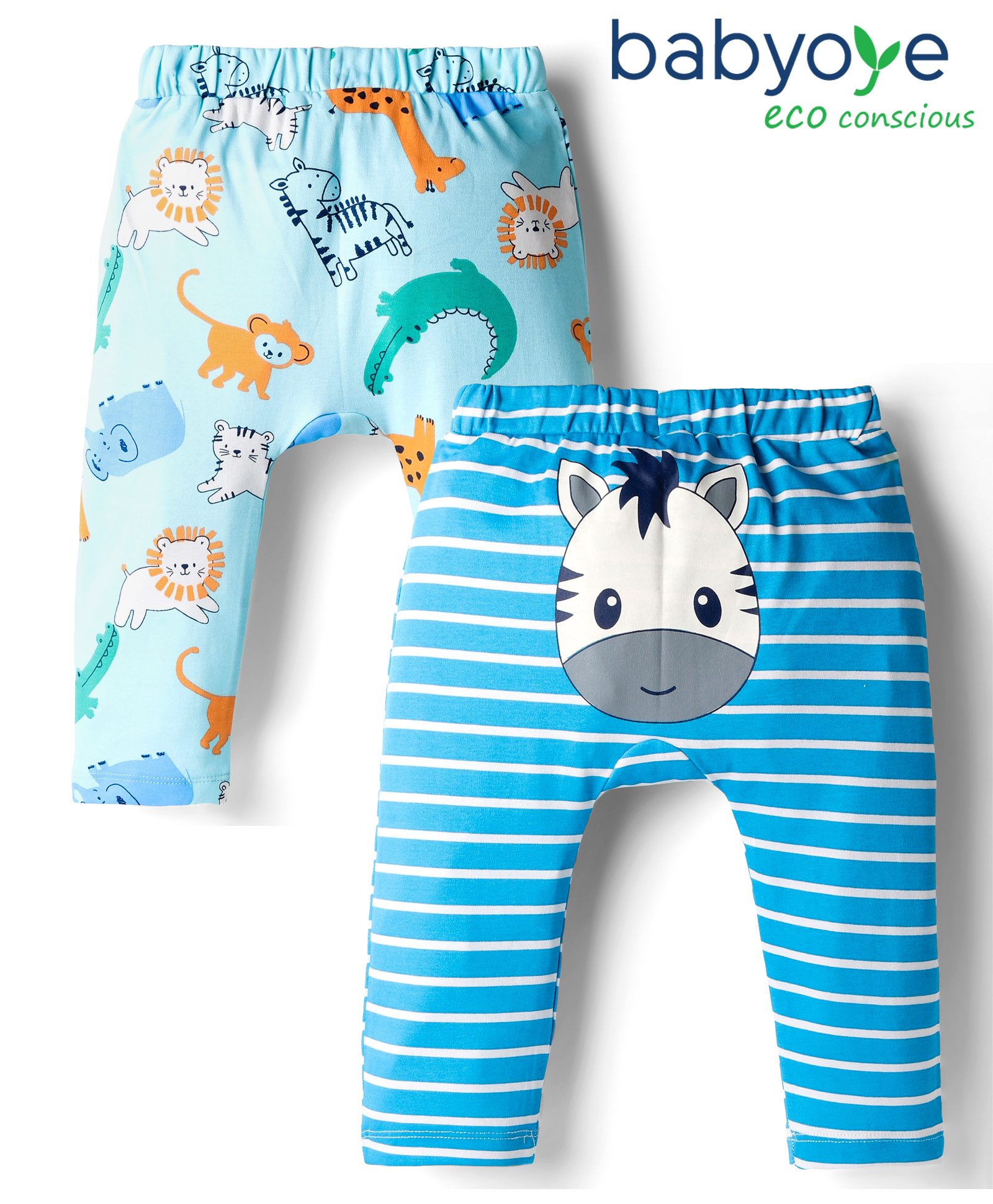 Babyoye 100% Cotton Interlock Knit Full Length Diaper Leggings with Eco Jiva Finish Stripe & Animal Print Pack of 2 - Blue-picture-14