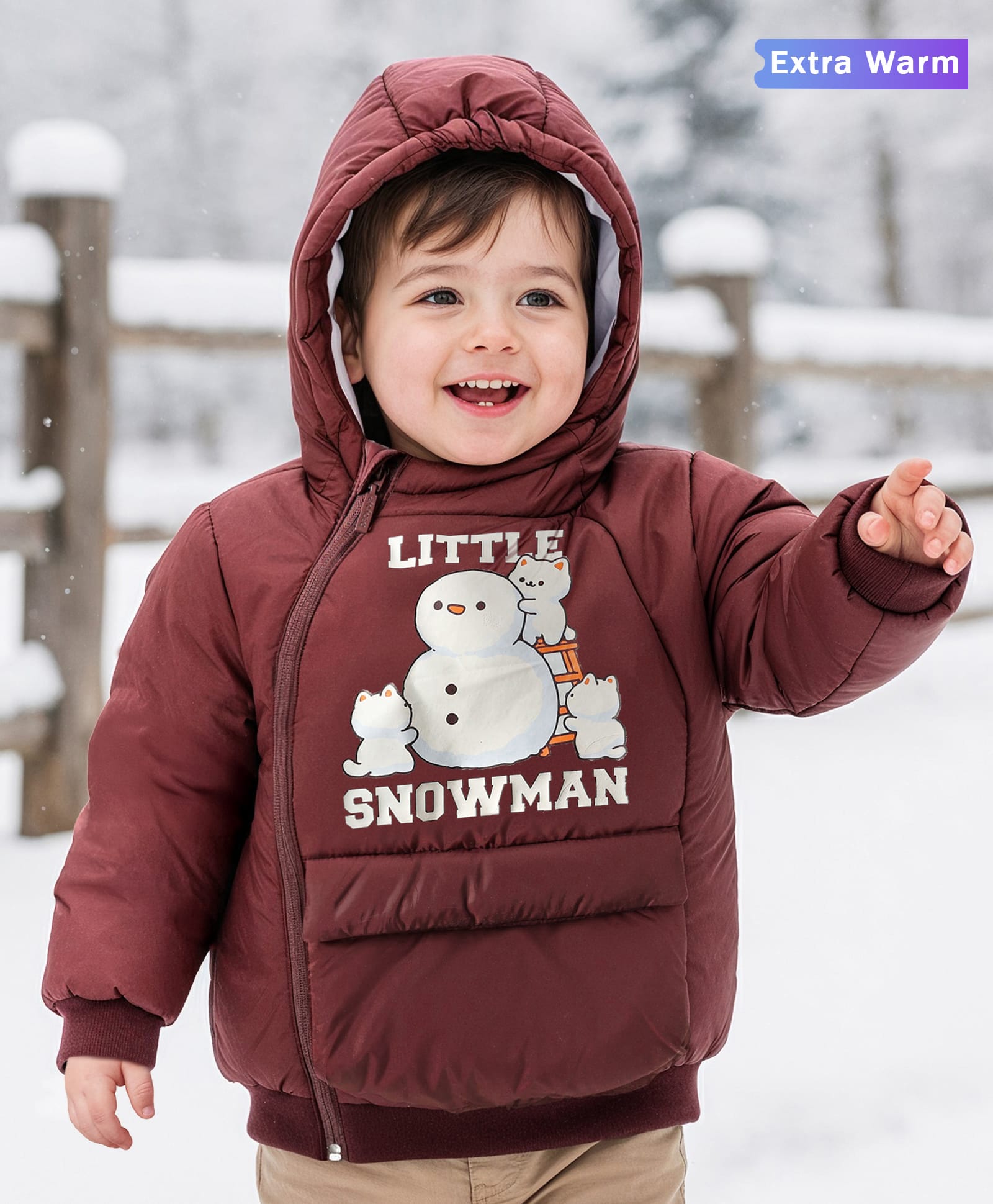 Babyoye Woven Full Sleeves Padded Hooded Jacket With Snowman Print - Maroon-image-49