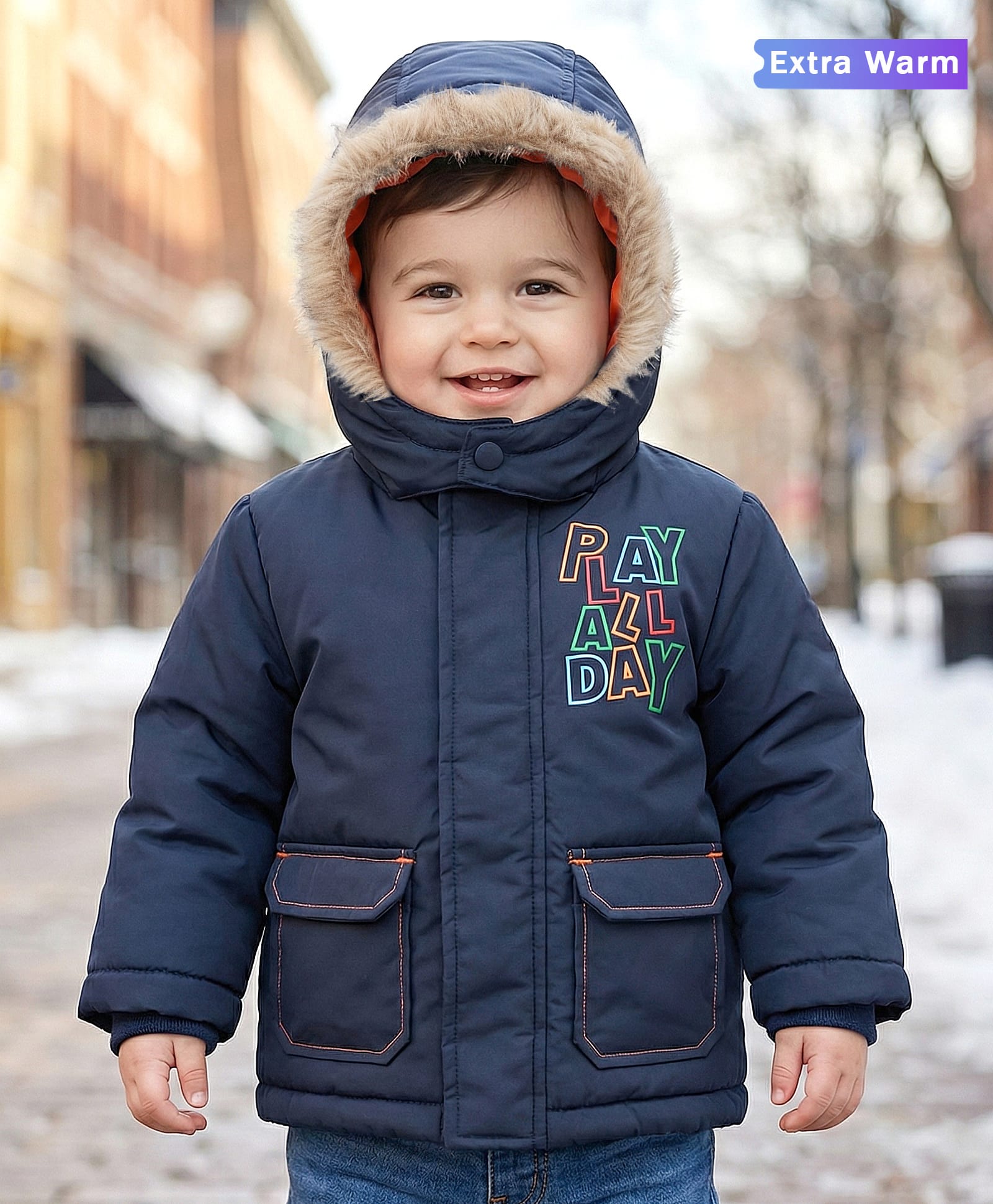 Babyoye Knit Full Sleeves Padded Hooded Jacket with Text Print - Navy Blue-image-22