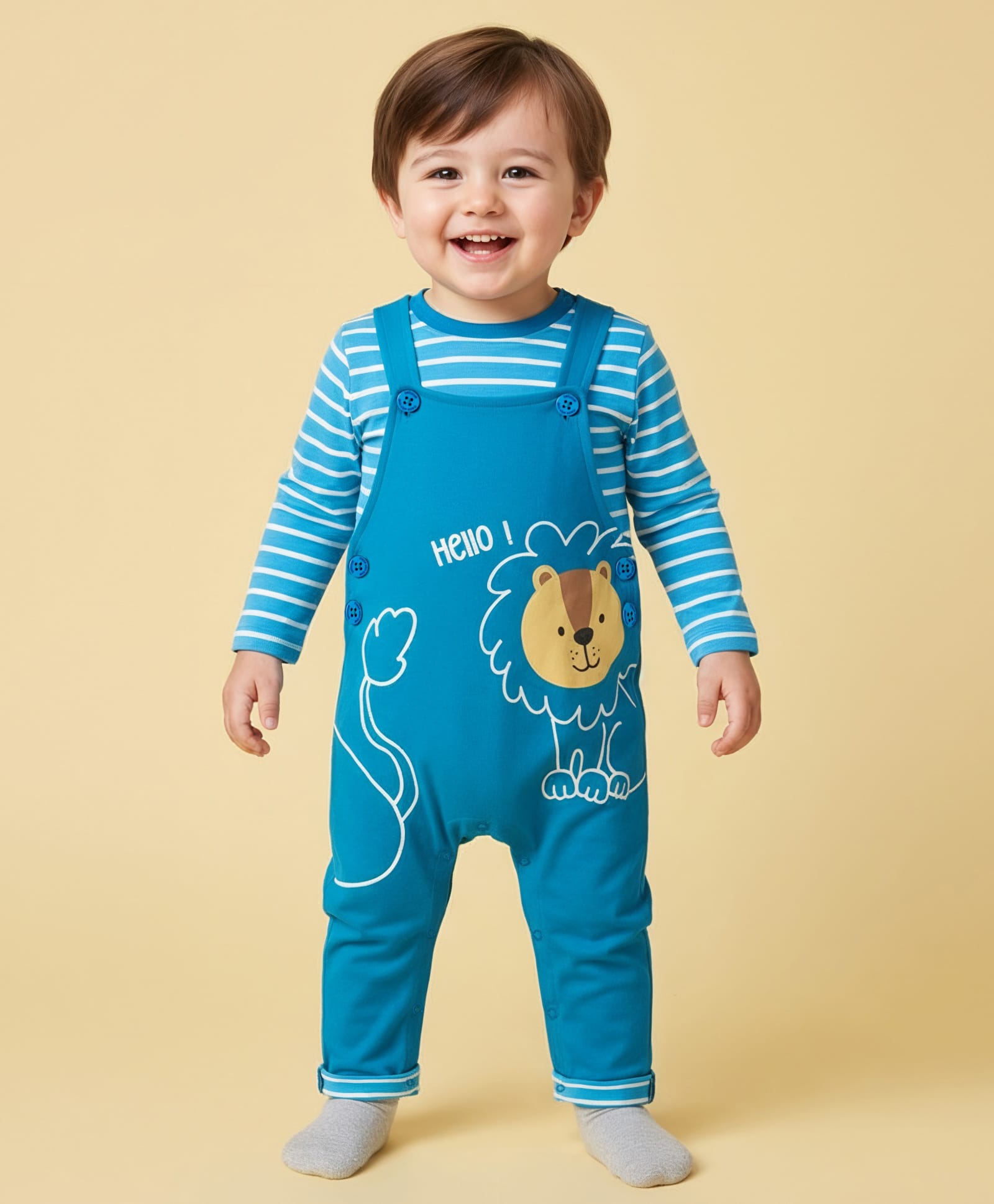 Babyoye Preemie 100% Cotton Interlock Knit Full Sleeves Dungaree With Inner Tee & Animal Print - Light Blue-picture-30