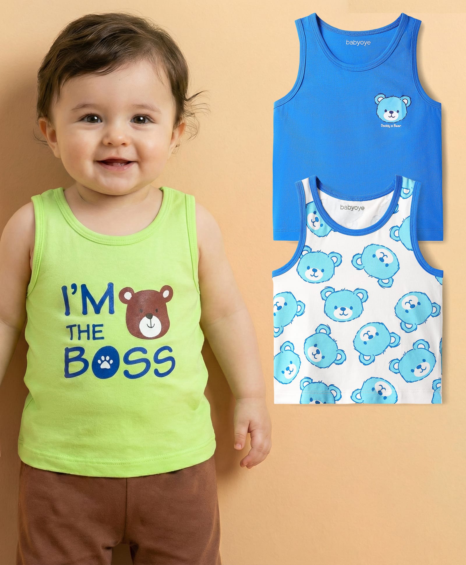Babyoye 100% Cotton Sleeveless Bear Printed Vests Pack Of 3 - Multi Colour-image-31