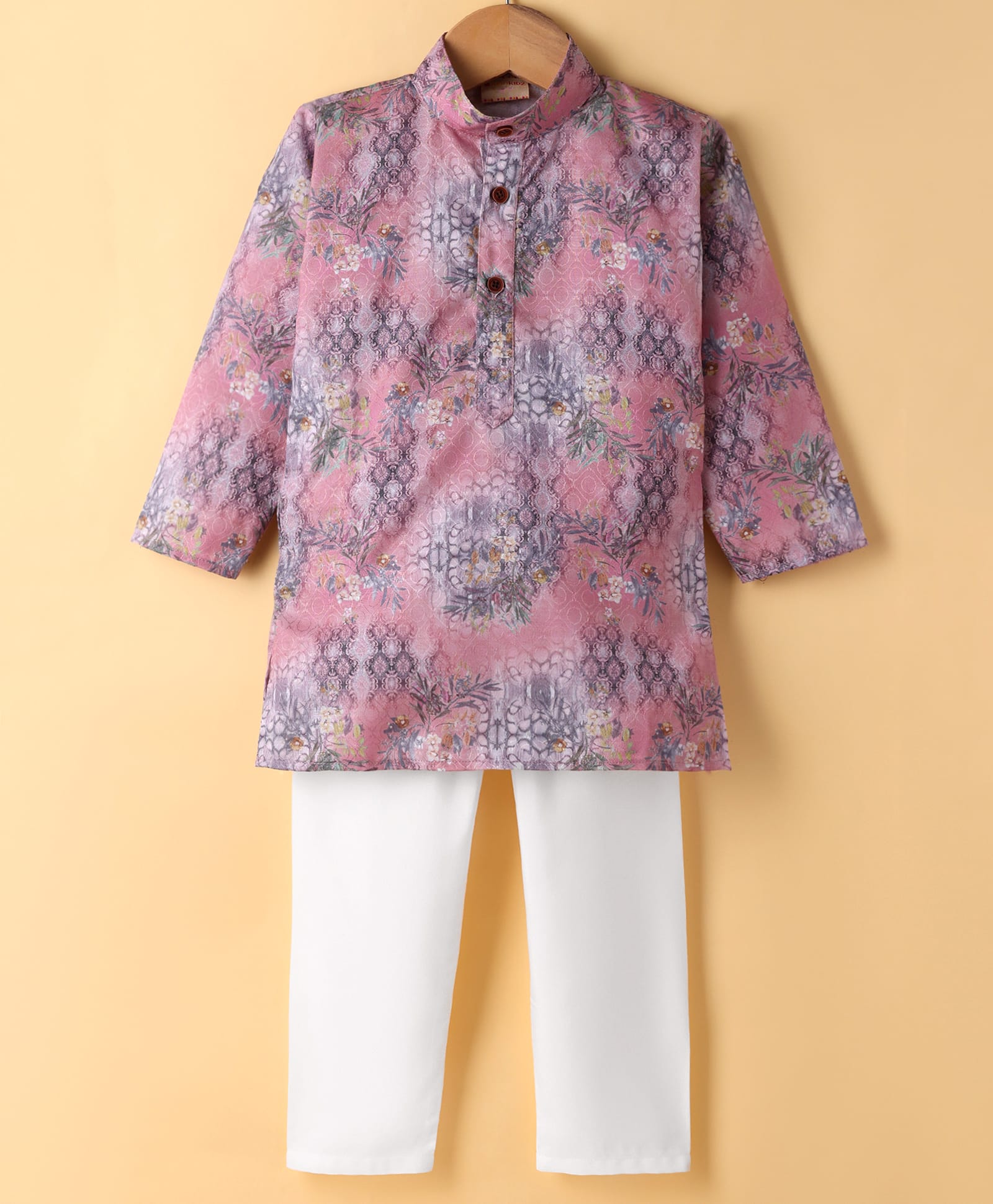 Ridokidz Full Sleeves Floral Printed Kurta Pyjama Set - Light Pink-picture-34