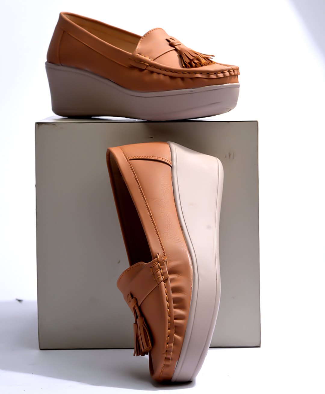 Shoetopia Tassels Embellished Colour Blocked Slip On Loafers - Tan-image-19