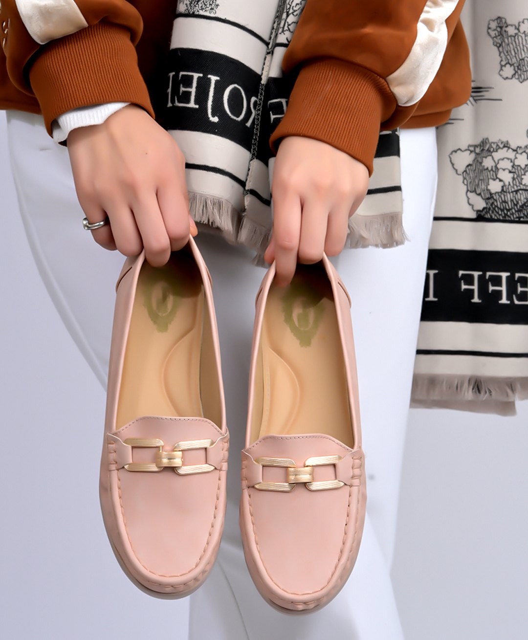 Shoetopia Metal Applique Detailed Colour Blocked Slip On Loafers - Peach-picture-14