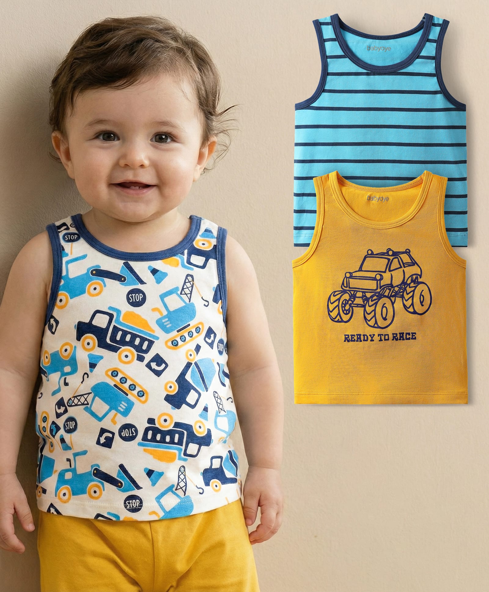 Babyoye 100% Cotton Sleeveless Stripes & Vehicle Printed Vests Pack Of 3 - Multi Colour-image-43