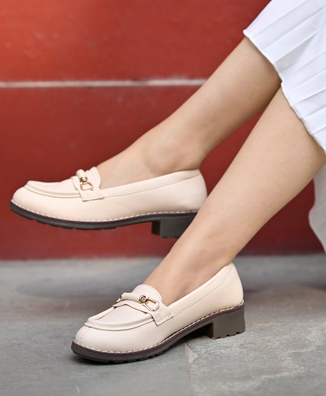Shoetopia Solid Applique Detailed Loafers - Cream-image-2
