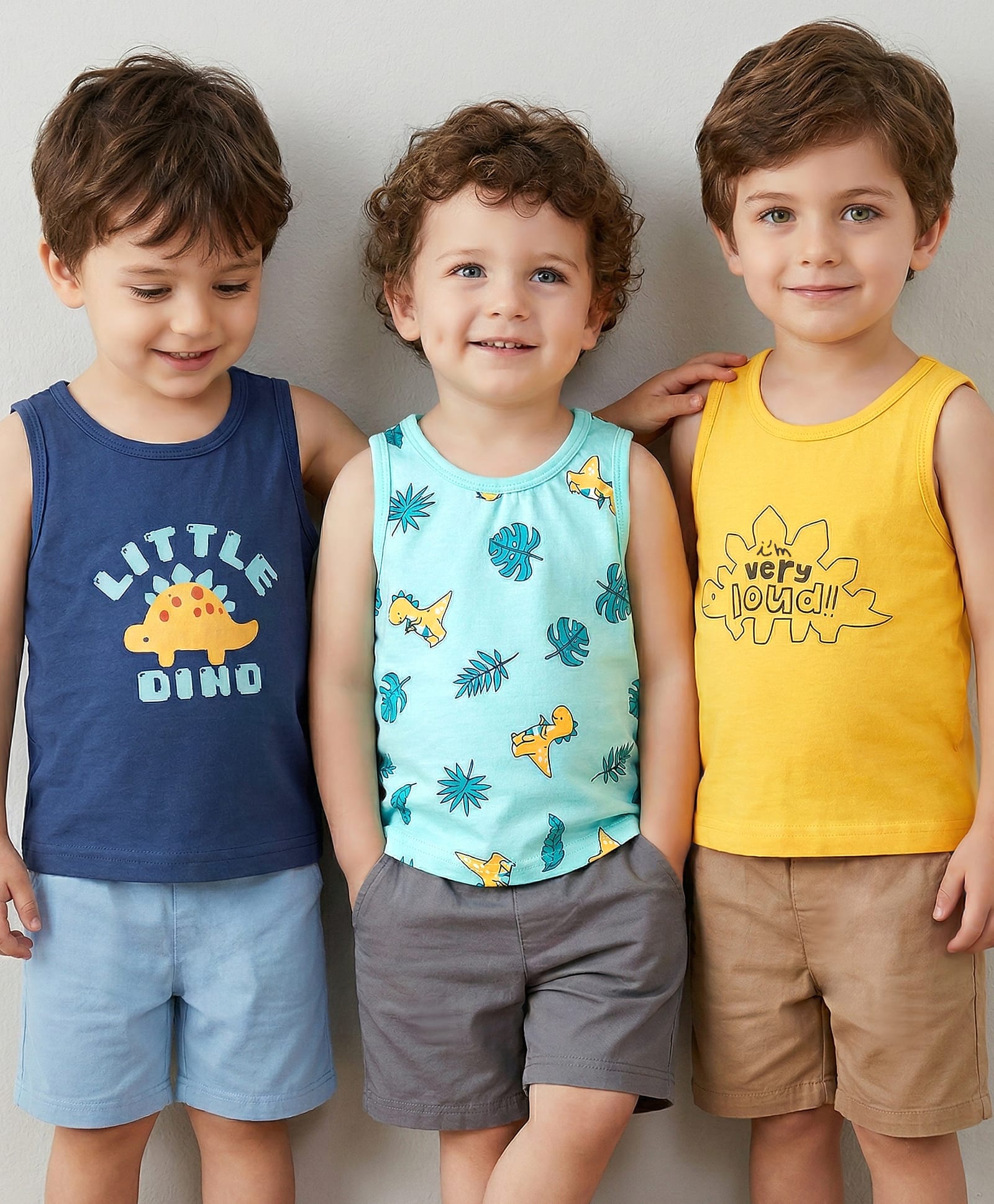 Babyoye 100% Cotton Knit Sleeveless Vests With Dino & Leaves Print Pack Of 3 - Yellow Navy Blue & Aqua-image-19