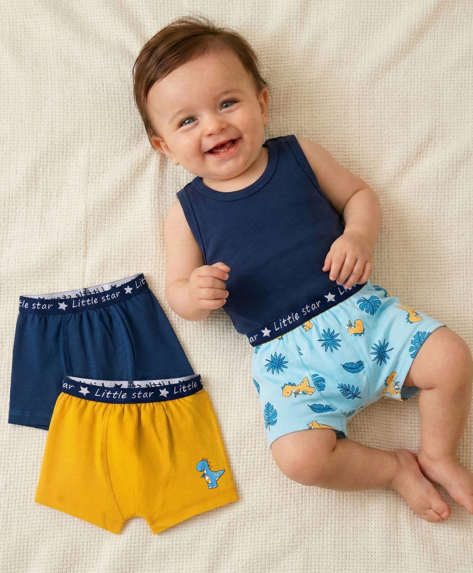 Babyoye 100% Cotton Elastane Knit Trunks With Dino Print Pack Of 3 - Yellow Light Blue & Navy Blue-image-18