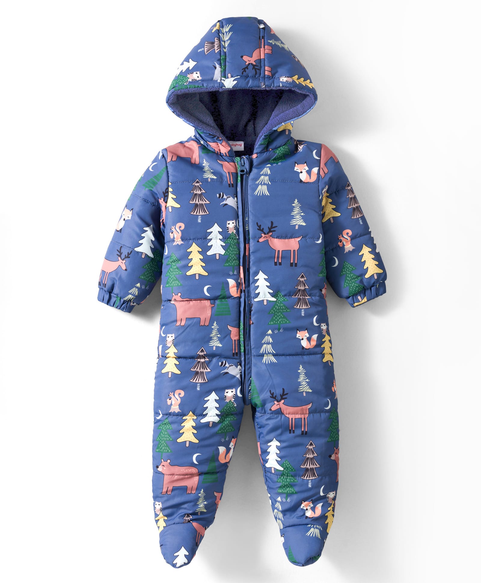 Babyhug Woven Full Sleeves Winter Wear Footed & Hooded Romper With Animal Print - Blue-image-16