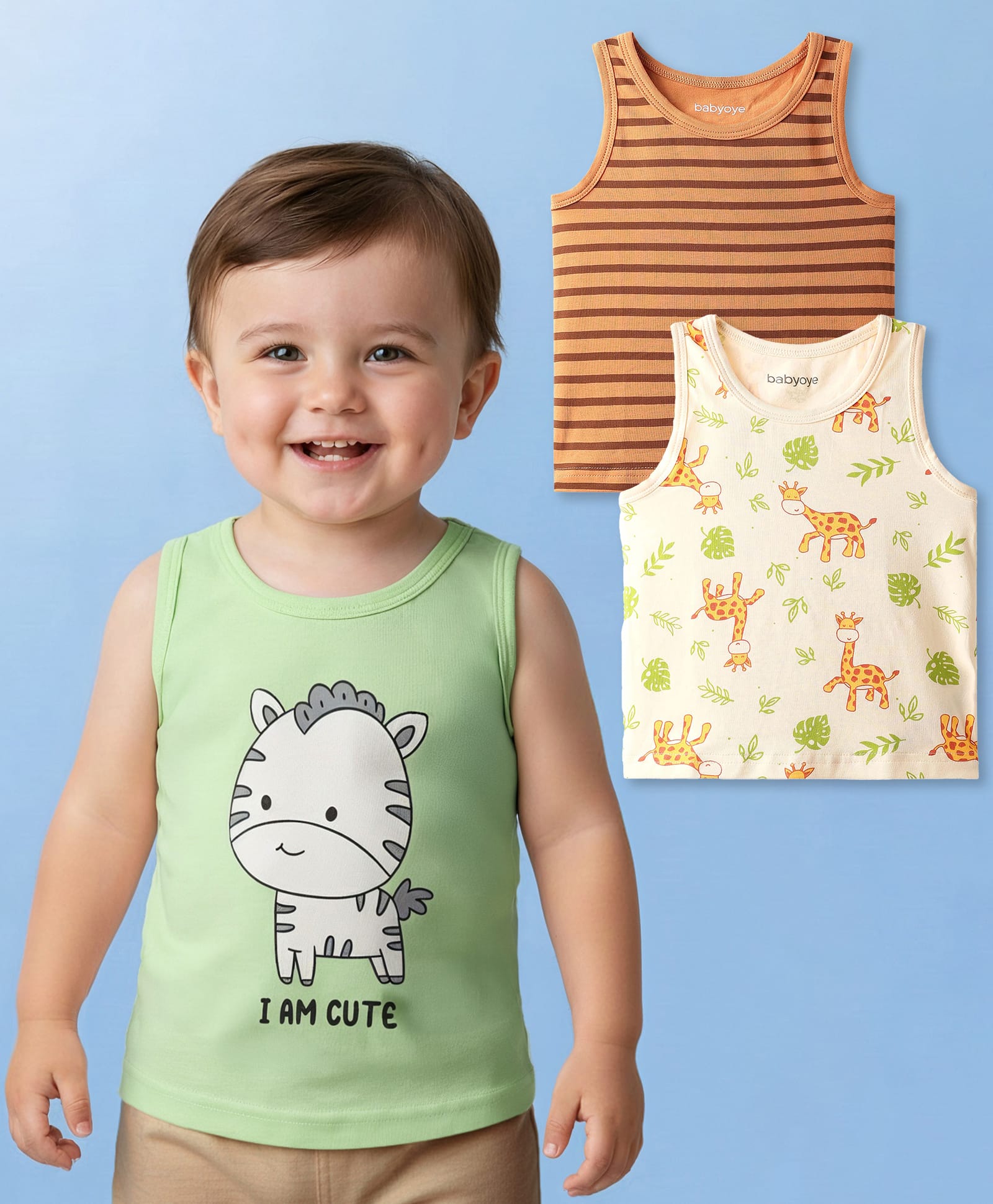 Babyoye 100% Cotton Knit Sleeveless Vests With Stripes & Animal Print Pack of 3 - Light Green & Peach-image-35