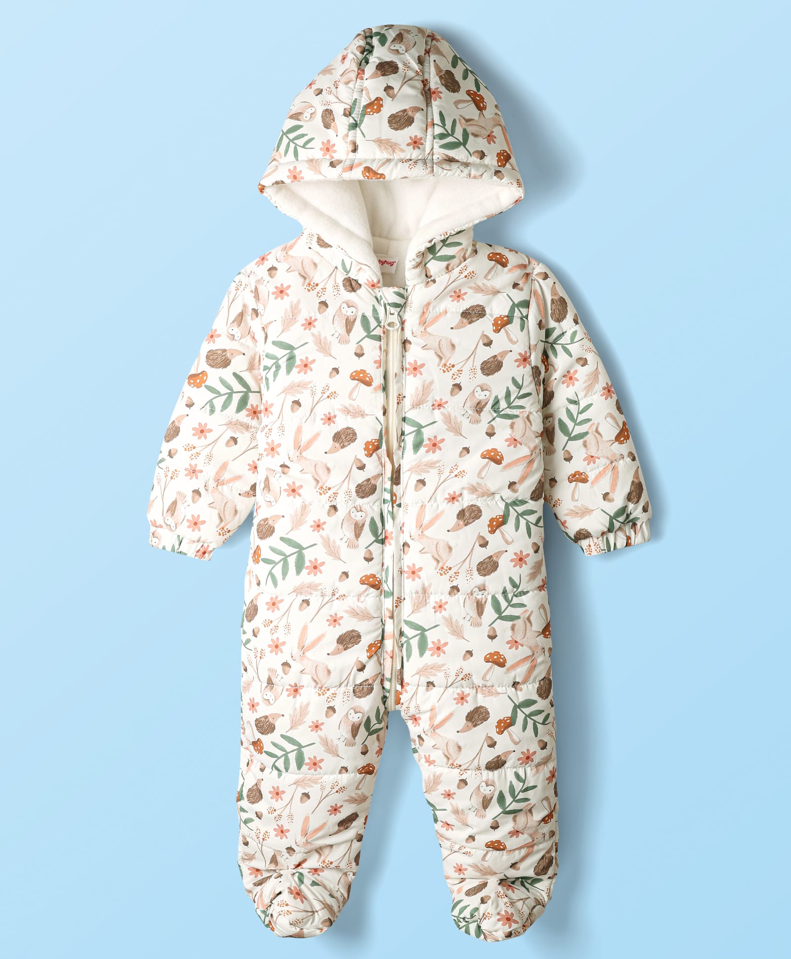 Babyhug Woven Full Sleeves Hooded Winter Romper With Floral Print - Off White-image-29